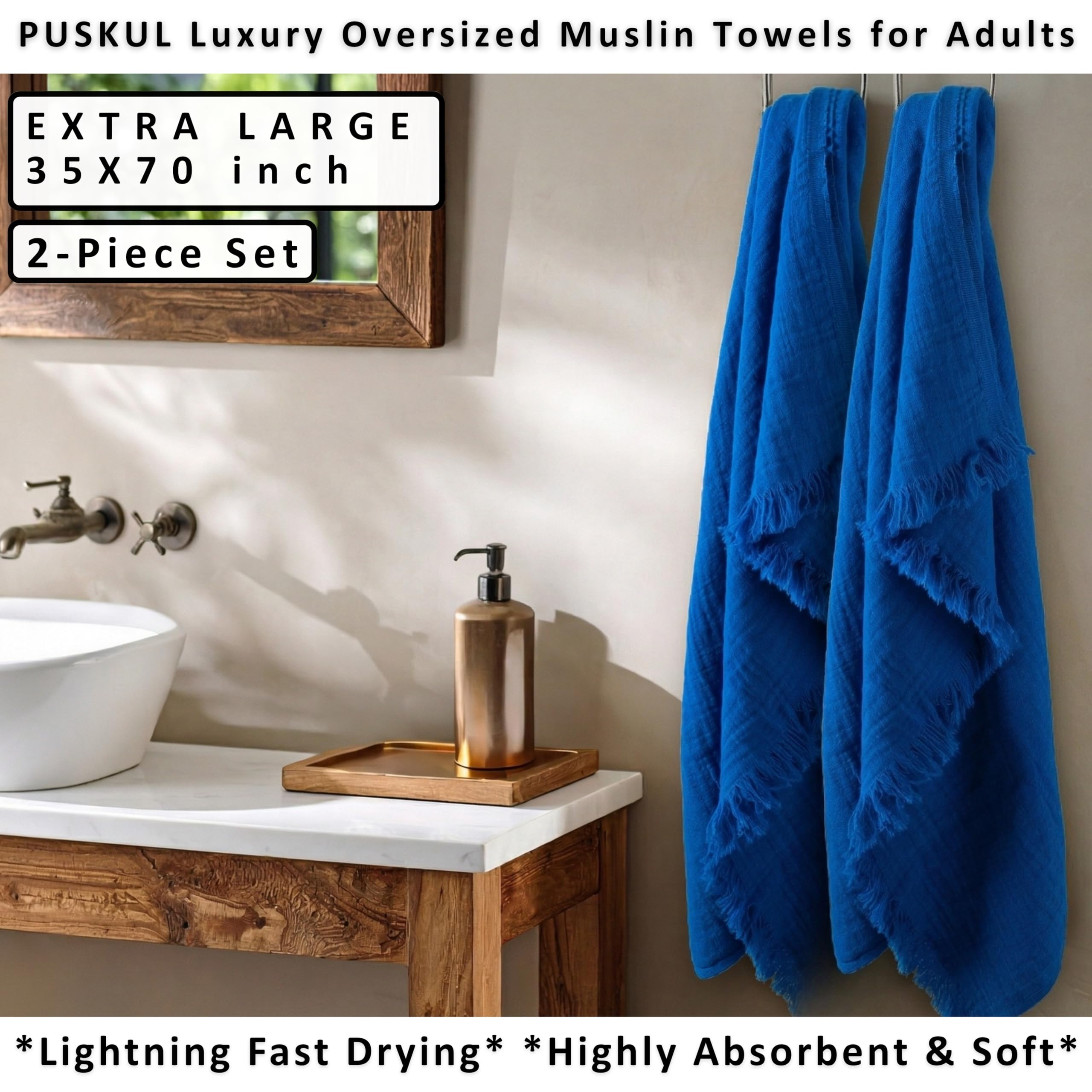 Badetücher 2er Set Luxus Musselin Handtücher für Erwachsene - Luxus 100% türkische natürliche Baumwolle Musselin Stoff Hamamtücher - Extra weich, saugfähig, schnell trocknend, leicht (Blau)