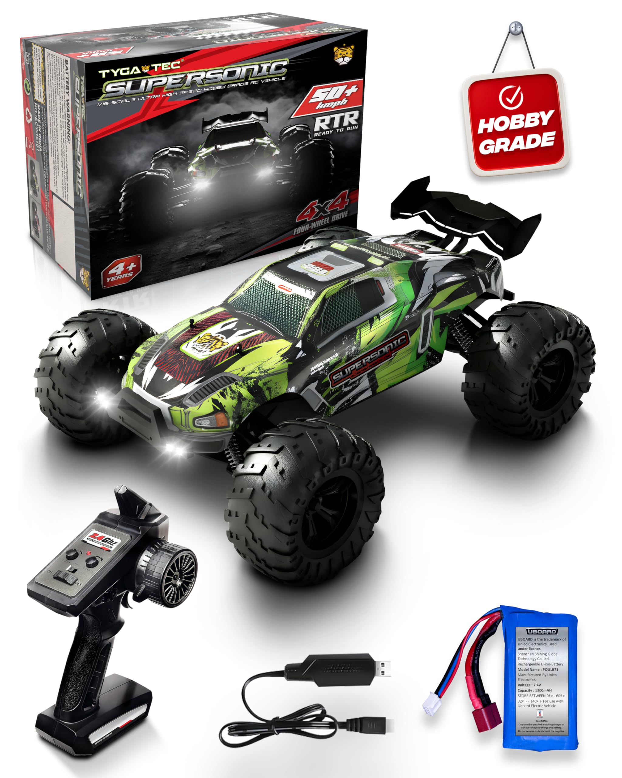 Tygatec 1:16 All Terrain Supersonic Rc Car, 45 Kph High Speed Remote Control Car with 2.4 Ghz Control, Electric Vehicle Off-Road Truck, 4X4 Wheel Drive Trucks Rechargeable Batteries,Green