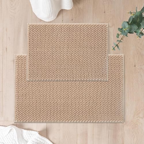 FRESHMINT Juego de 2 alfombras de baño de felpilla de 17 x 24 pulgadas + 20 x 32 pulgadas, antideslizantes, para baño, alfombras de baño