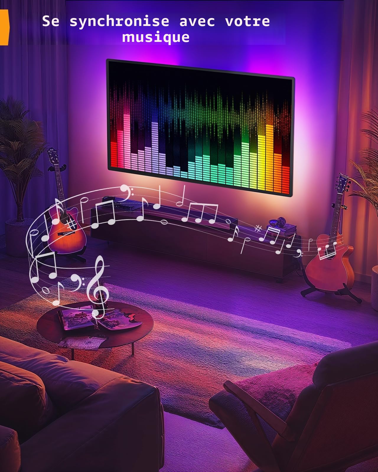 Perlegear Support Mural TV avec Lumières LED pour Télévision de 26 à 65 Pouces Jusqu'à 45 kg, Pivot Extension Inclinaison et Rétroéclairage Musical, VESA Max 400x400mm PGMF20
