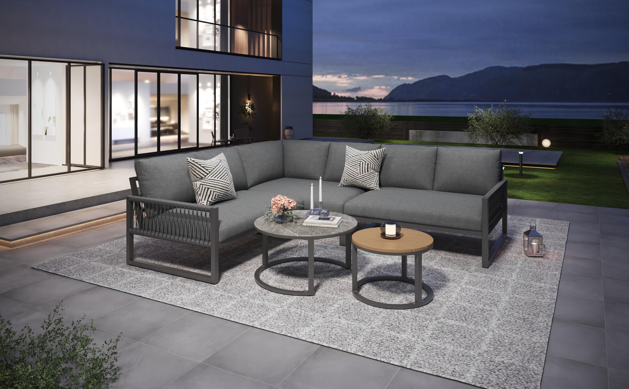 Gecheer Set Mobili Giardino Moderno, Divano Angolare con Struttura in Ferro Zincato, Gambe Regolabili, Cuscini Inclusi, Grigio per Terrazzo, Patio, Arredo Esterno