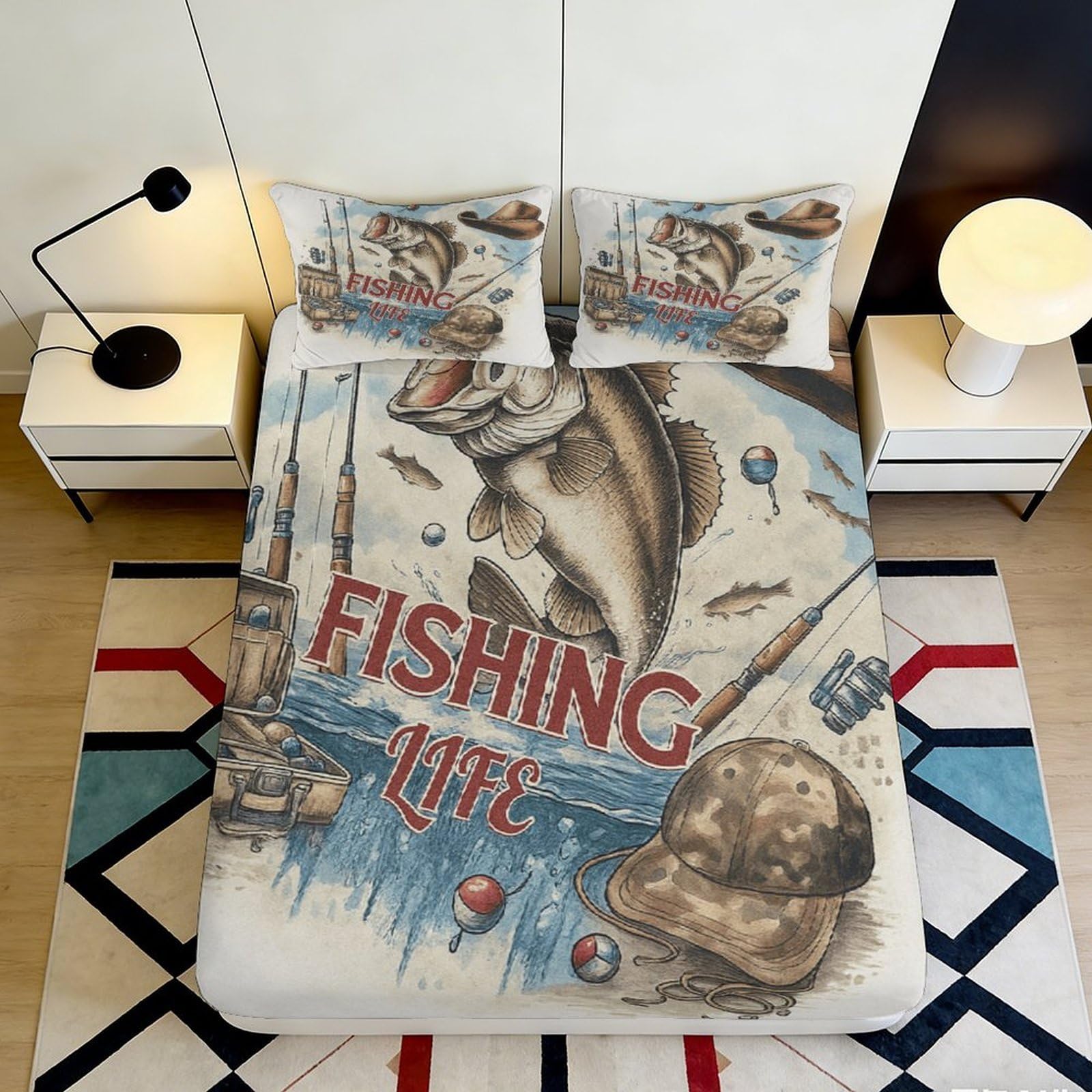 3D Printed Fishing Fitted Sheet Microfiber Deep Pocket Vintage Fishing Mattress Fitted Cover Non-Slip Elastic Hem Bedroom Bedding for Adults Teens 120x200x25cm