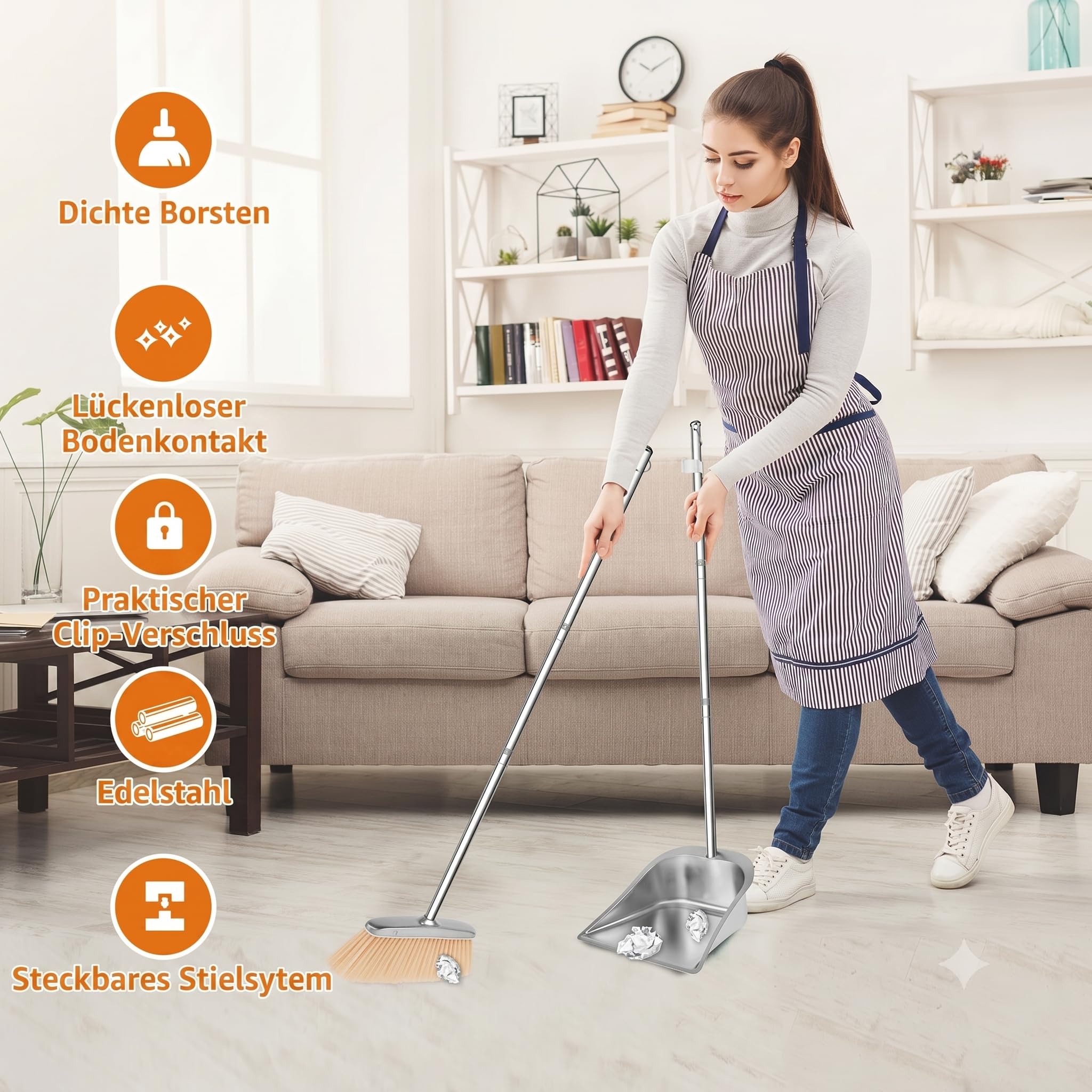 Juego de escoba y recogedor con mango largo de acero inoxidable de 118 cm, escoba vertical con pala, escoba con recogedor para uso en el hogar, cocina, habitación, oficina y suelo del