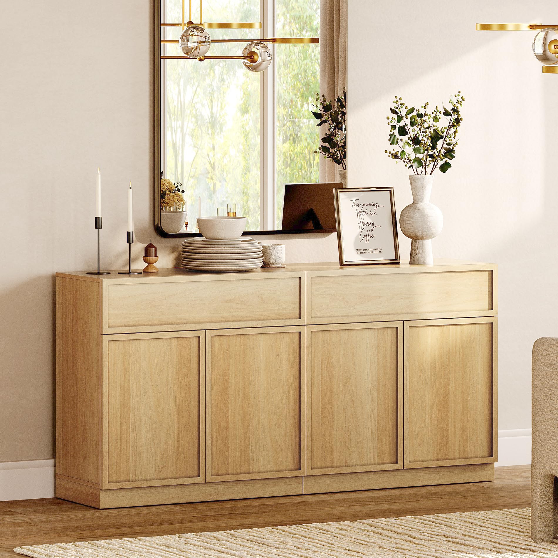 WAMPAT 63" Modern Sideboard Buffet Cabinet with 4 Doors and Drawers, Multifunctional Sideboard with Large Storage and Adjustable Shelf, Coffee Bar Storage Cabinet for Kitchen, Living Room, Oak