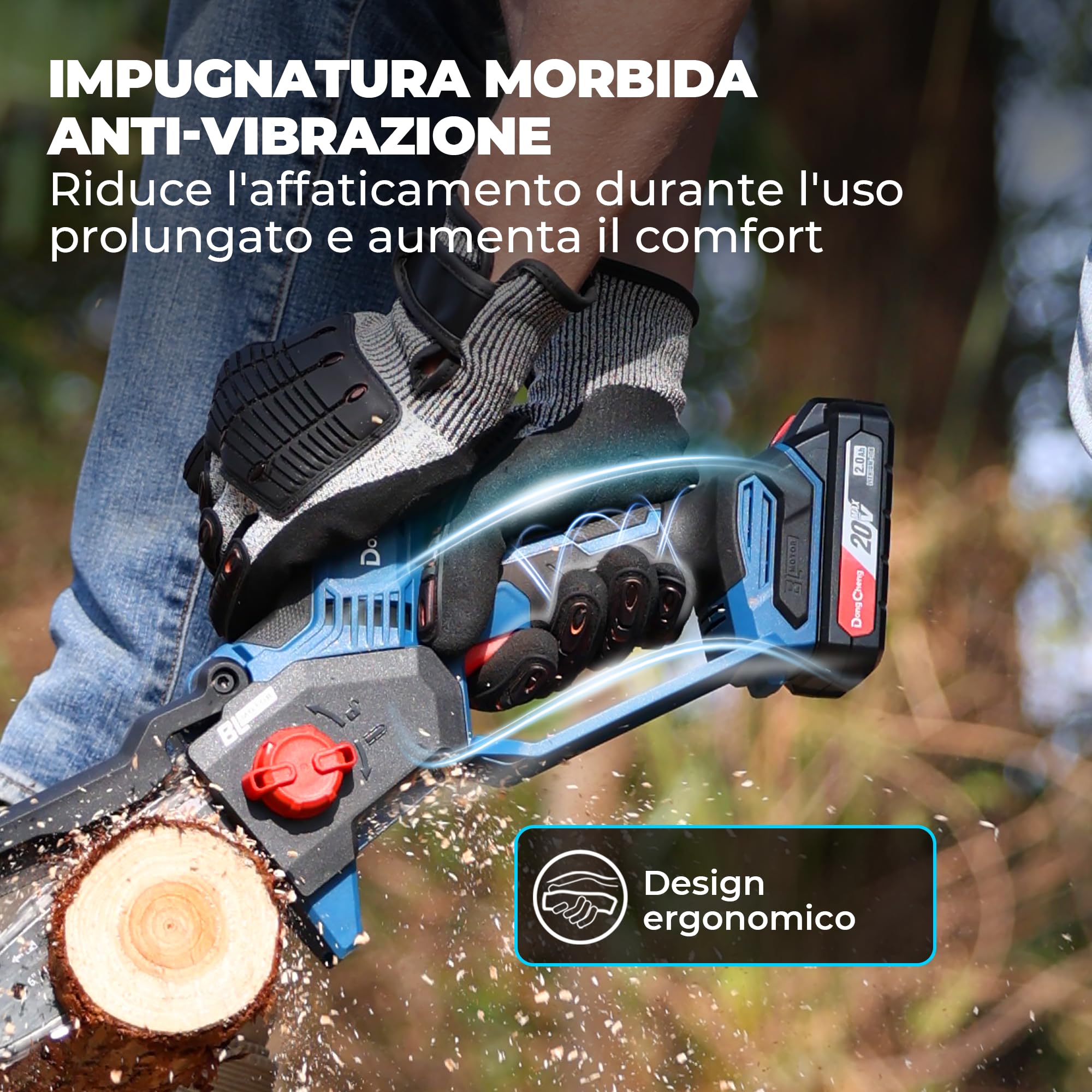 DongCheng Mini motosega a batteria per giardinieri e camperisti, motore brushless 750 W, 2 batterie 2000 mAh, 1,2 kg, mono mano, lama 15 cm, 8 m/s, tensionamento senza attrezzi e oliatore automatico