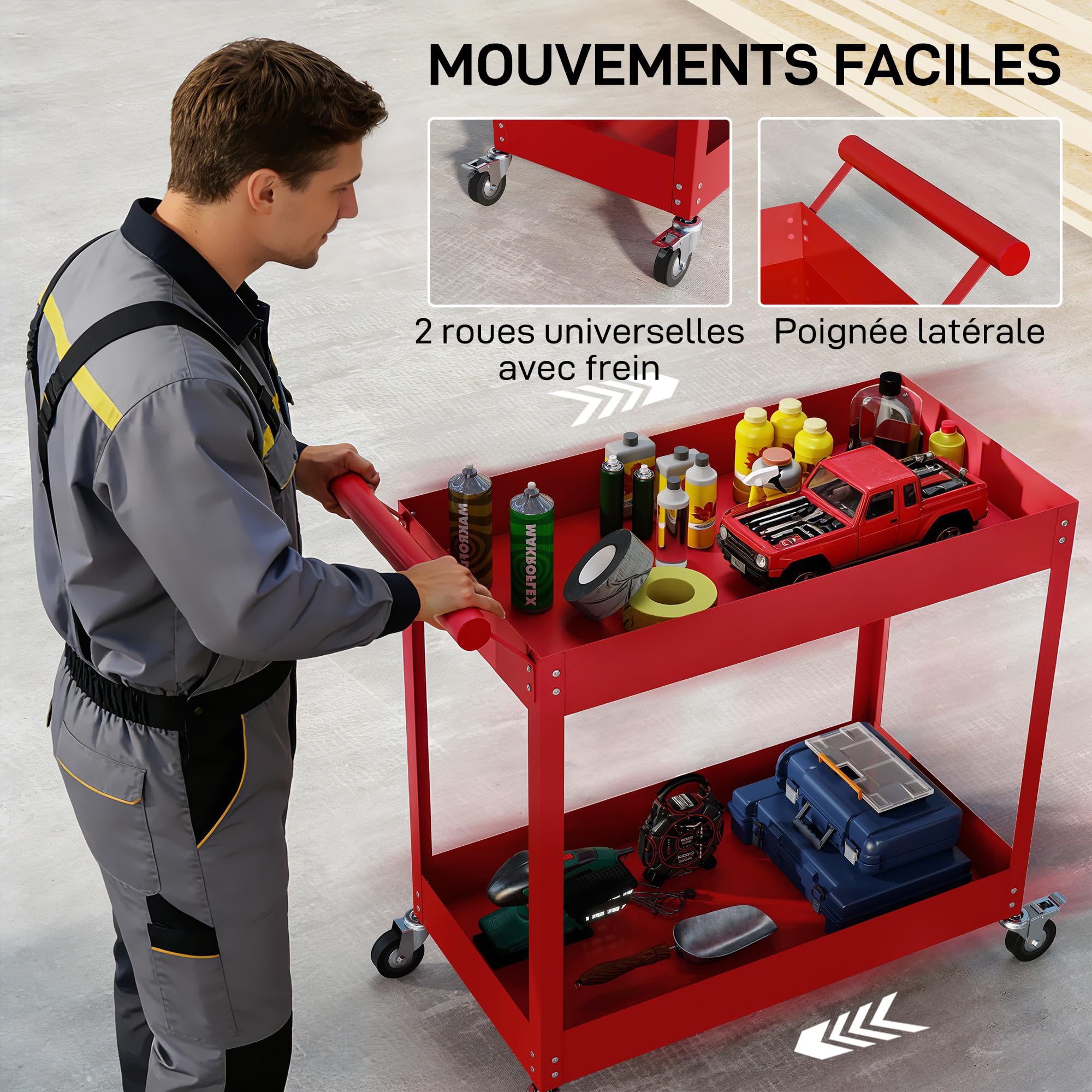 DURHAND Chariot d'atelier servante Atelier Chariot à Outils à 2 Niveaux, poignée latérale et roulettes verrouillables, pour Garage, entrepôt, Outils de Bricolage, Charge 150 Kg, 84,5x38x84cm, Rouge