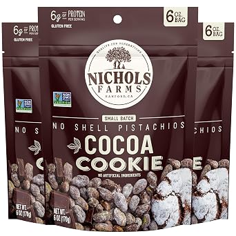 Nichols Farms Pistachios - Fresh Roasted No Shell Pistachio - Nutrient Rich Nuts Snack Packs - Non-GMO, California Grown - Healthy, Wonderful Tasting, Party Snack - Cocoa Cookie