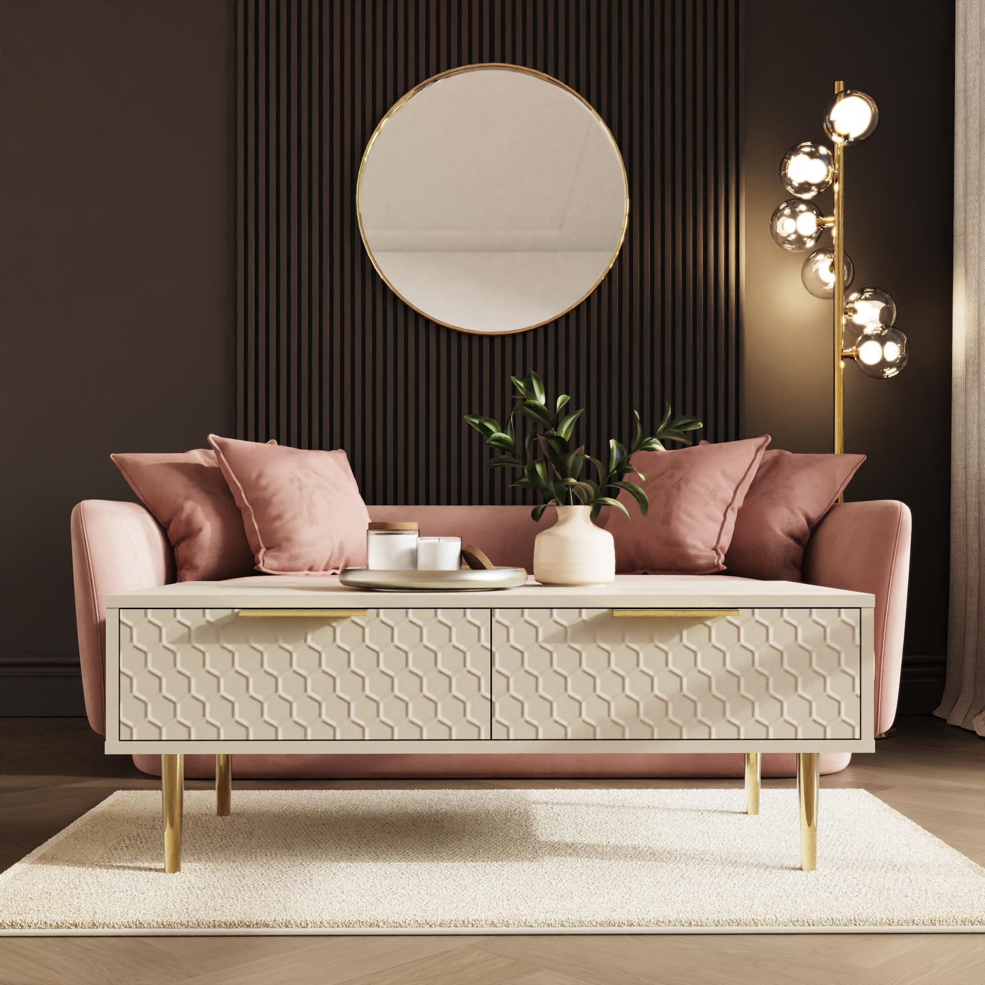 GFW Azariah Coffee Table, Ivory Living Room Table with Geometric Honeycomb Design, Brass Effect Legs, Contemporary Centre Table for Modern Homes