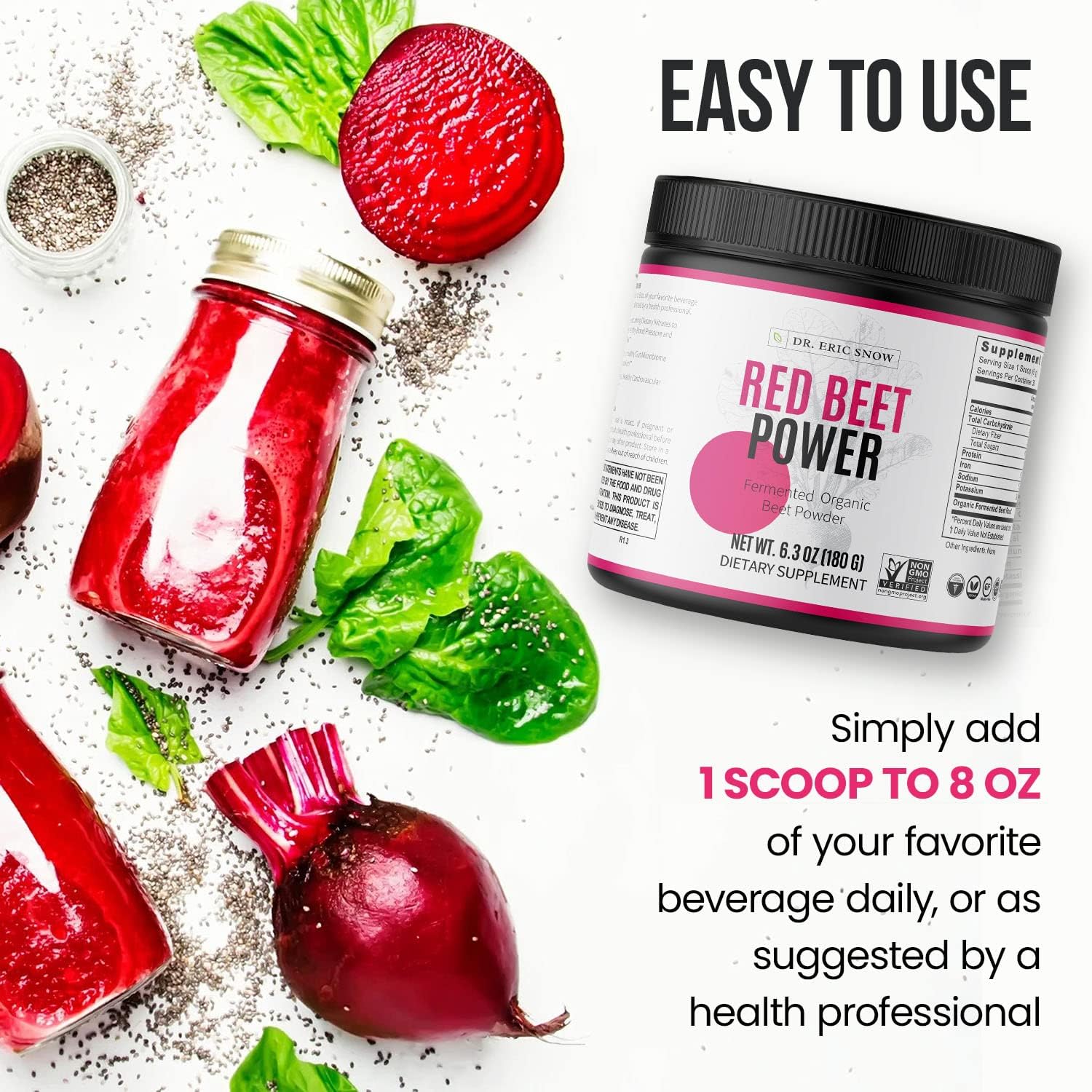 Buy Dr. Eric Snow Red Beet Power Drink Mix, 100 Organic & Fermented Beetroot Drink Powder, No