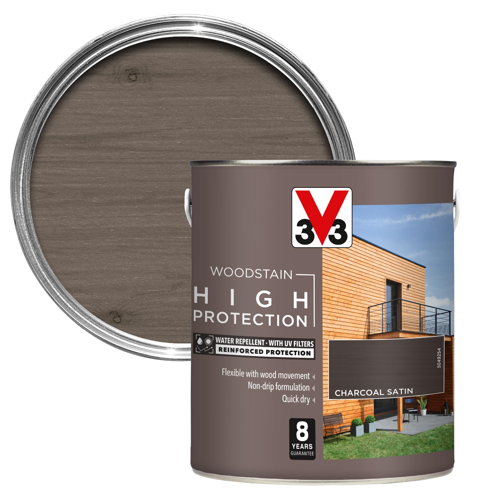 V33 High Protection Woodstain - 8-Year Guarantee - UV Filters - Water-Repellent - Quick-Drying - Only 2 Coats - Charcoal Grey 2.5 litres