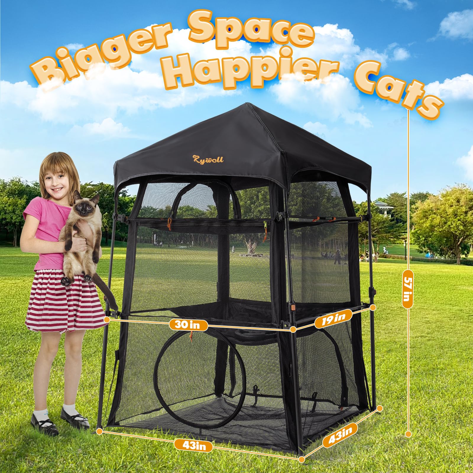Rywell Jaula para Gatos 145x110x110cm,Catio para Gatos Exterior Extra Grande de 3 Pisos para Gatos, Hurones y Cobayas, Plegable Jaula para Gatos con Toldo y Clavos de Carpa