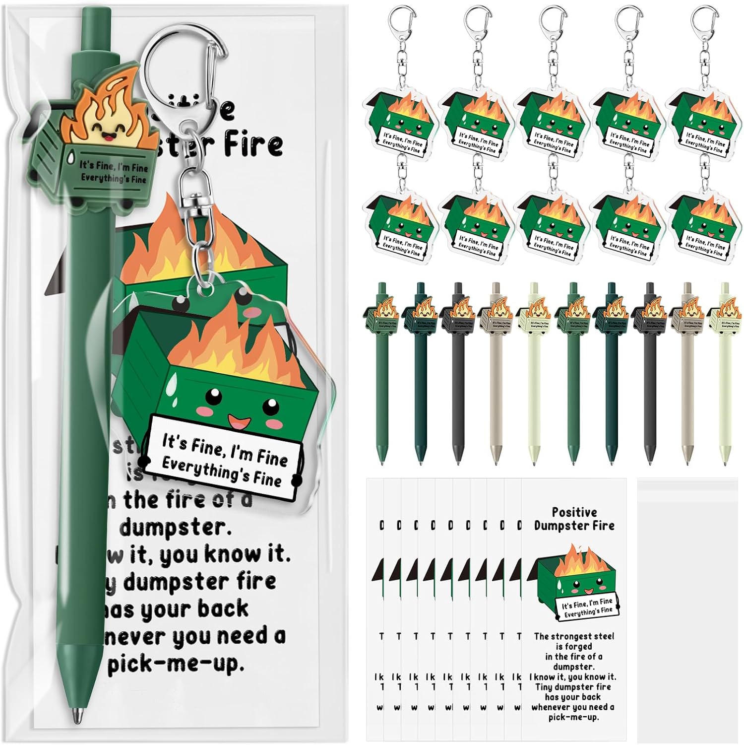 10 Sets Dumpster Fire Pen Gifts for Coworker Positive Funny Pens Dumpster Fire Desk Accessories Acrylic Keychains Bookmarks Support Gifts for Team Coworker Teachers Boss Nurse