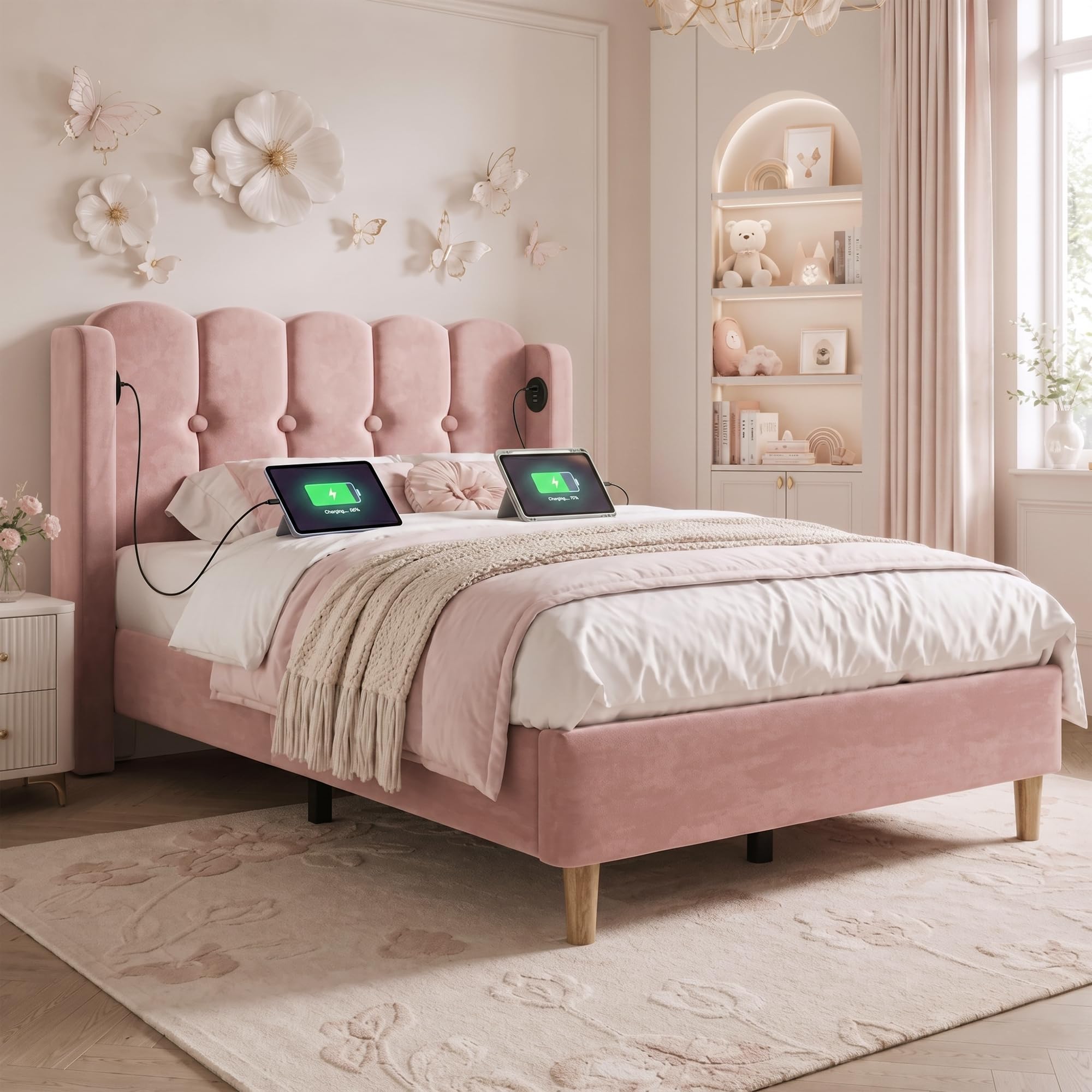 Merax Single bed frame, 3ft Upholstered Single Girls Bed, with USB & Type-C Charging, Velvet Bed with Wingback Headboard, Sturdy Wooden Slatted Frame, No Mattress, Pink/90x190 cm โ image 1