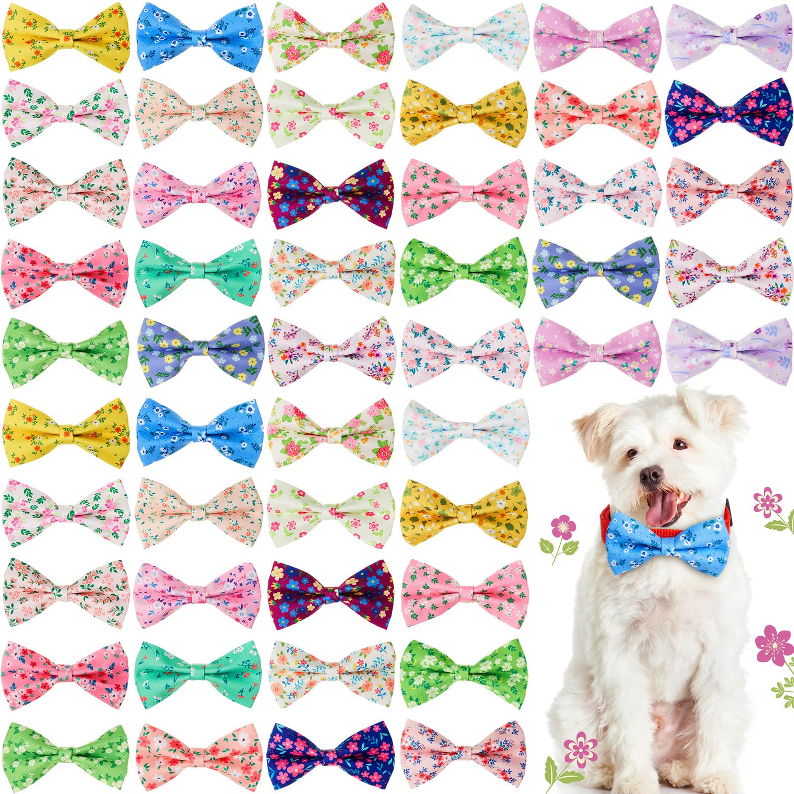 Hillban 50 Pcs Spring Floral Dog Collar Bow Ties Flower Dogs Collar Accessories Bowties Attachment with Elastic Bands Detachable Charms for Pets