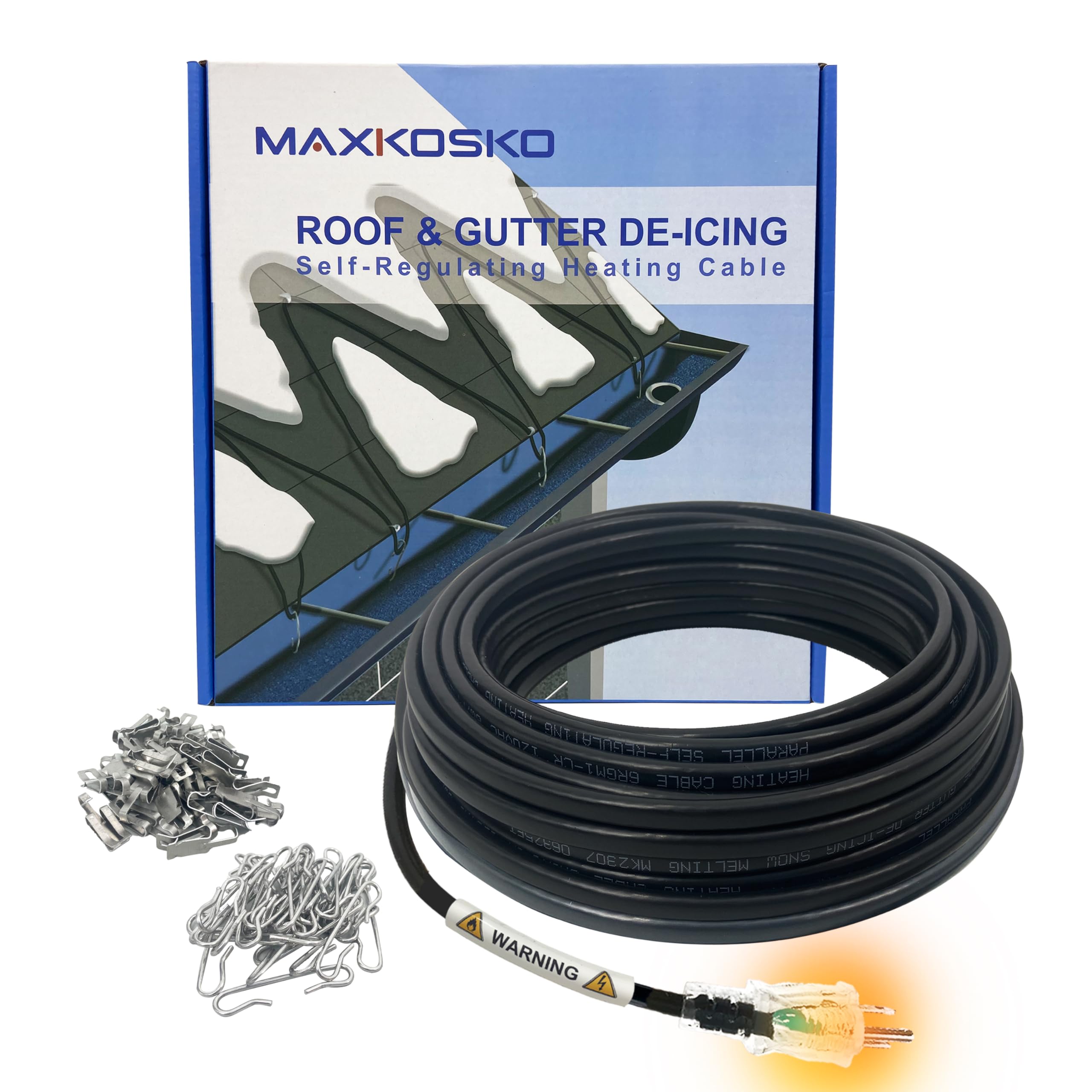 MAXKOSKO Roof Gutter Heat Cable for Snow Melting, Electric Self Regulating Roof De-icing Heat Tape with 10ft Power Cold Lighted Plug,6W/Ft,120V,50FT