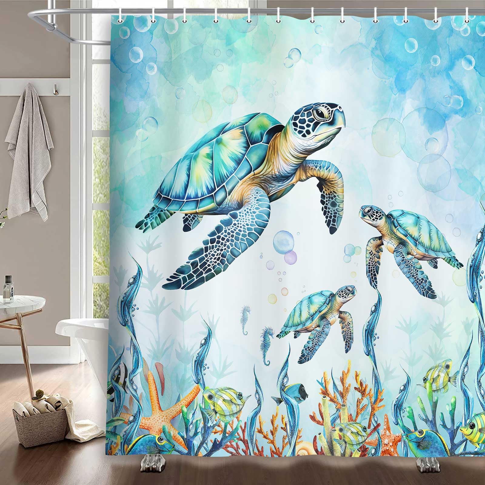 ABAKUHAUS Papera di Gomma Tenda da Doccia Stalla Anatra Che Cattura Bagno, Set per Il Bagno in Tessuto con Ganci, 120 cm x 180 cm, Blu Bianco