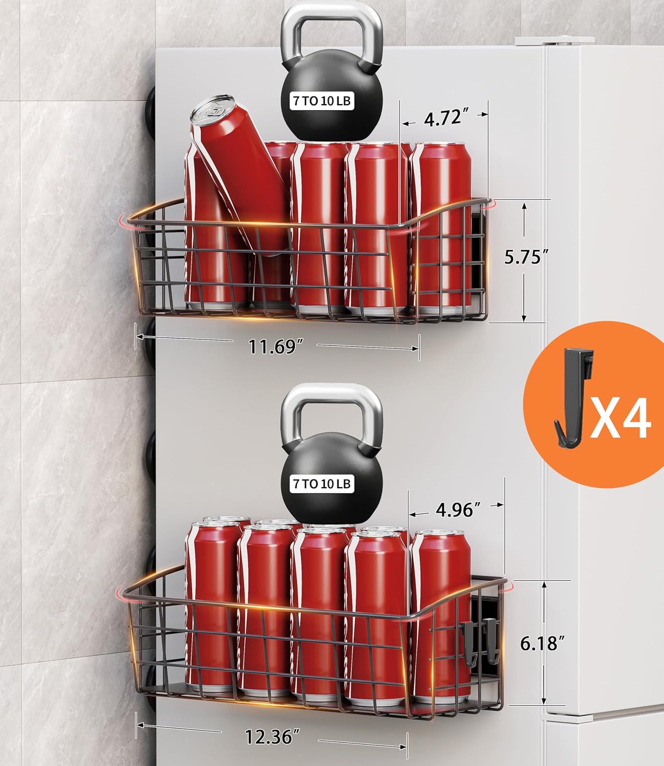 4-Pack Magnetic Spice Rack for Refrigerator, Versatile Magnetic Shelf Organizer with 4 Hooks for Kitchen Storage, Large Capacity Spice Rack for Fridge, Oven, or Cabinet - Black