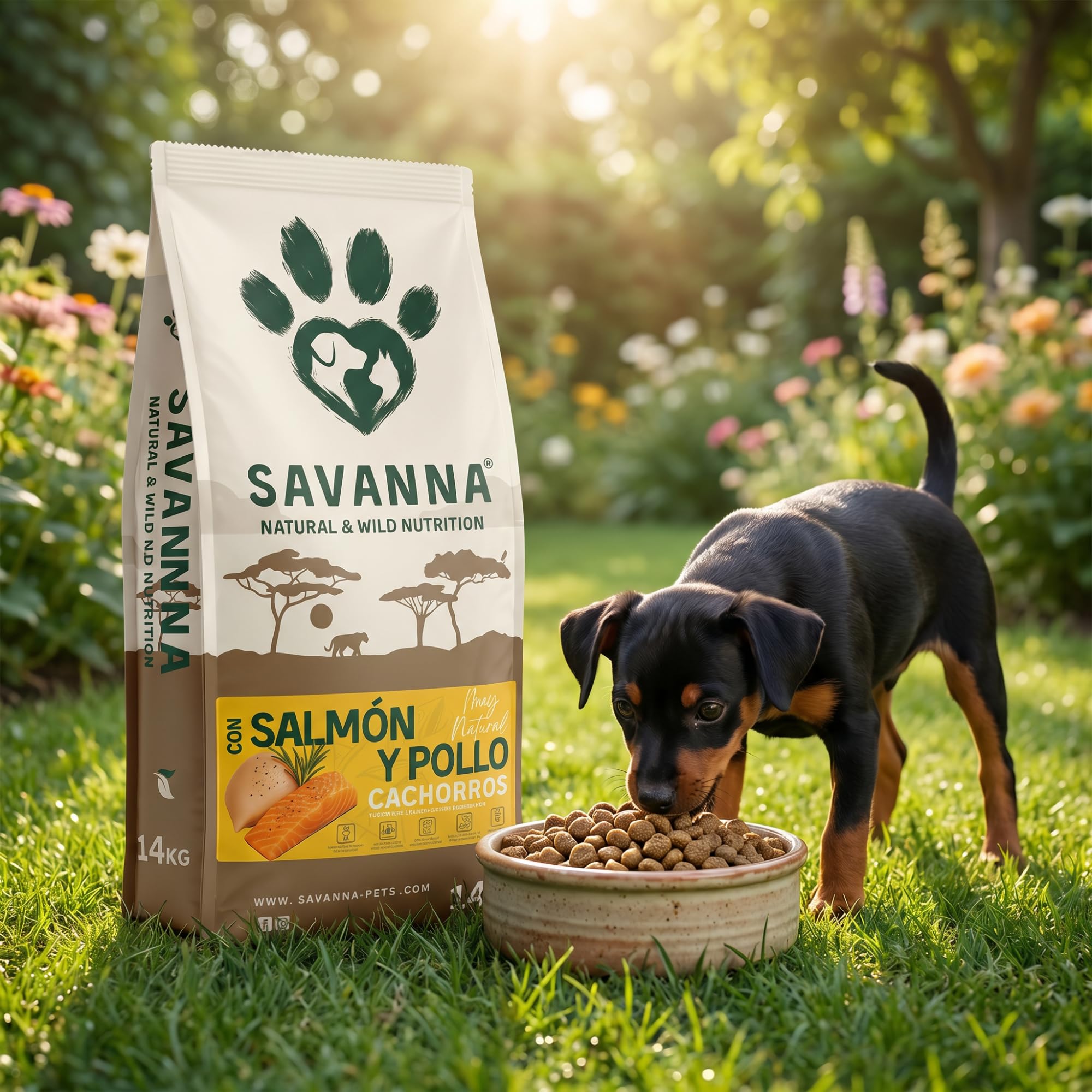 Pienso Cachorros Savanna 14 kg Salmón Pollo y Arroz, Desarrollo Saludable Cachorros y recuperación de Madres Lactantes, Alta Digestibilidad, Huesos Fuertes, Cuidado de Piel y Pelo