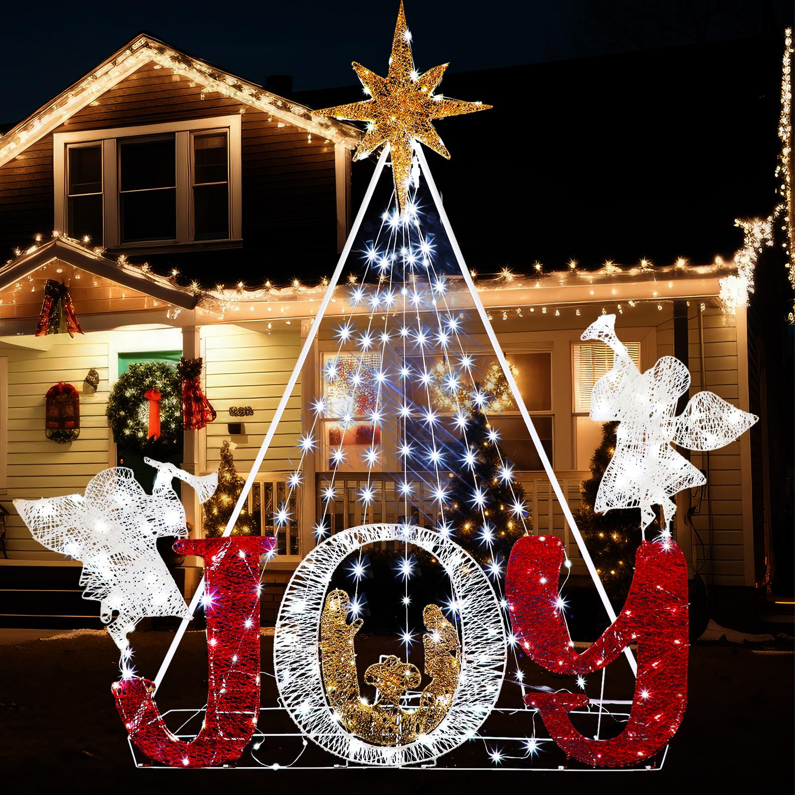 *not tested*Zonon 6 FT Lighted Christmas Nativity Scene Outdoor Holy Family Yard Decoration with 160 White LED Lights Cute Angels Christmas Decorations Set for Xmas Indoor Garden Patio Holiday Party Decor