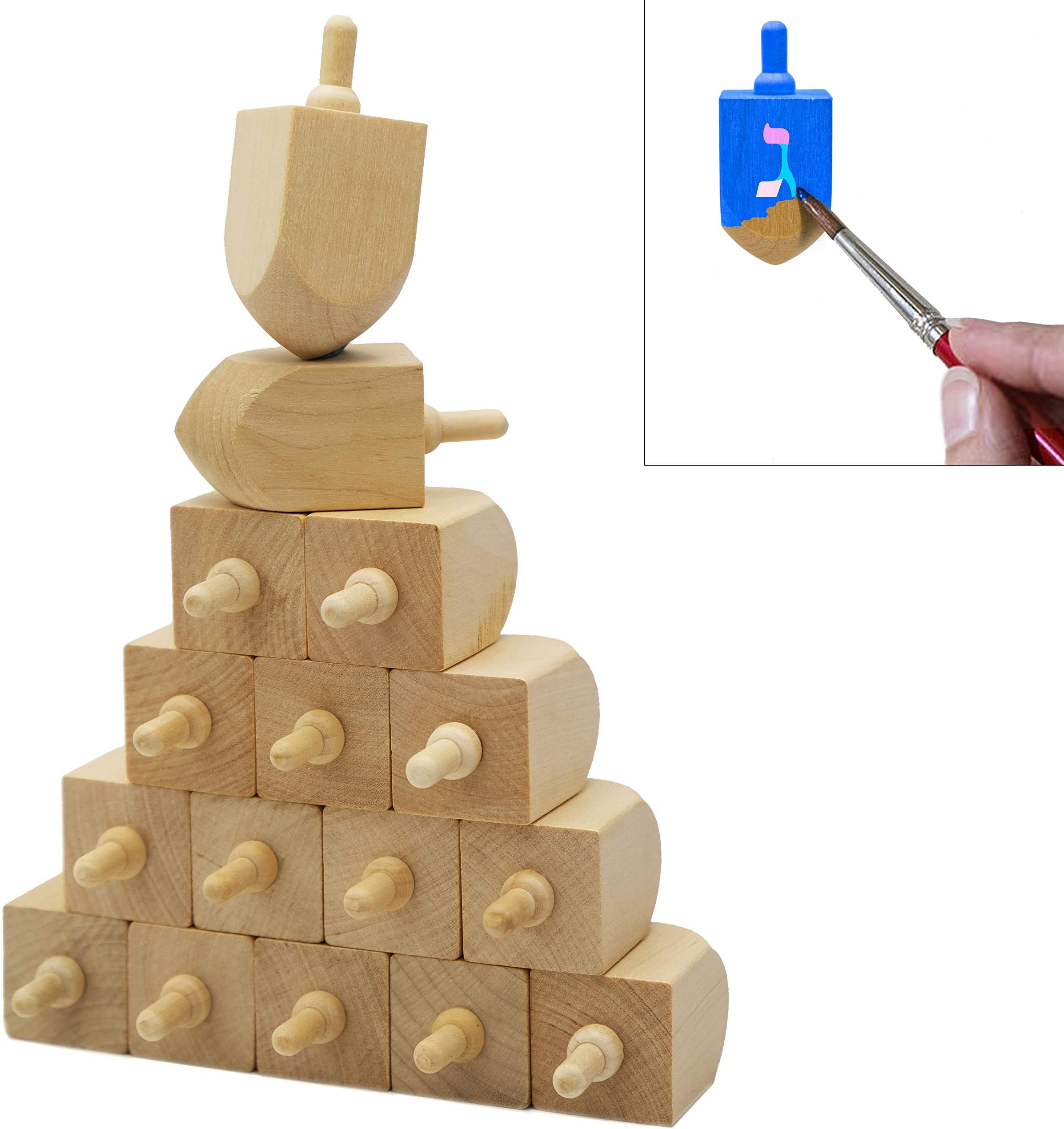 The Dreidel Company 24-Pack Hanukkah Wooden Dreidel, Design Your Own 3" Inch Chanukah Dreidel, Unfinished and Natural