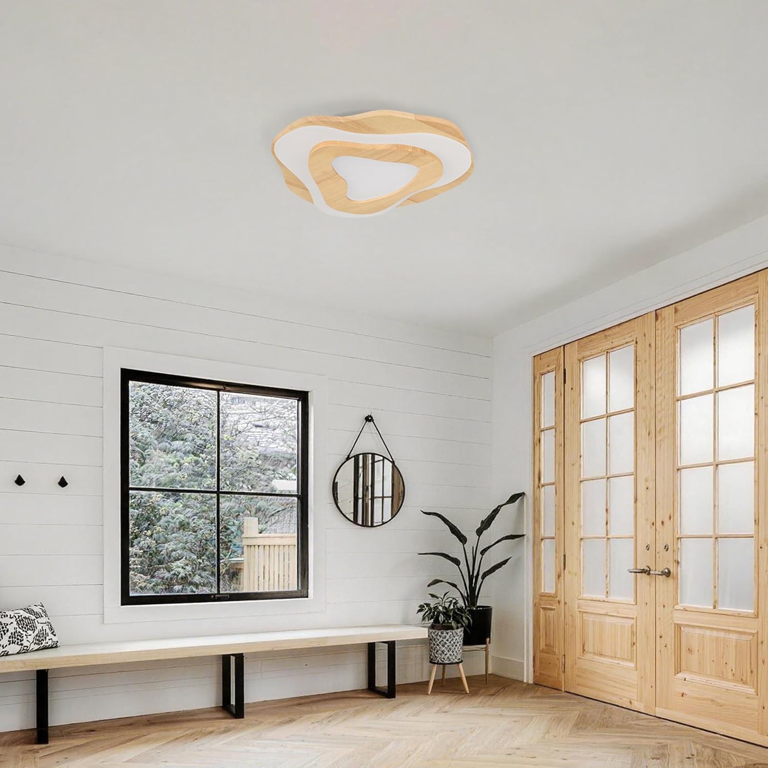 Littleglovo 15.7" Modern Flush Mount LED Chandelier for Dining Room, Natural Wood Petal Energy Chandeliers Ceiling Light for Entryway Bedroom Foyer Kitchen Living Room Bathroom