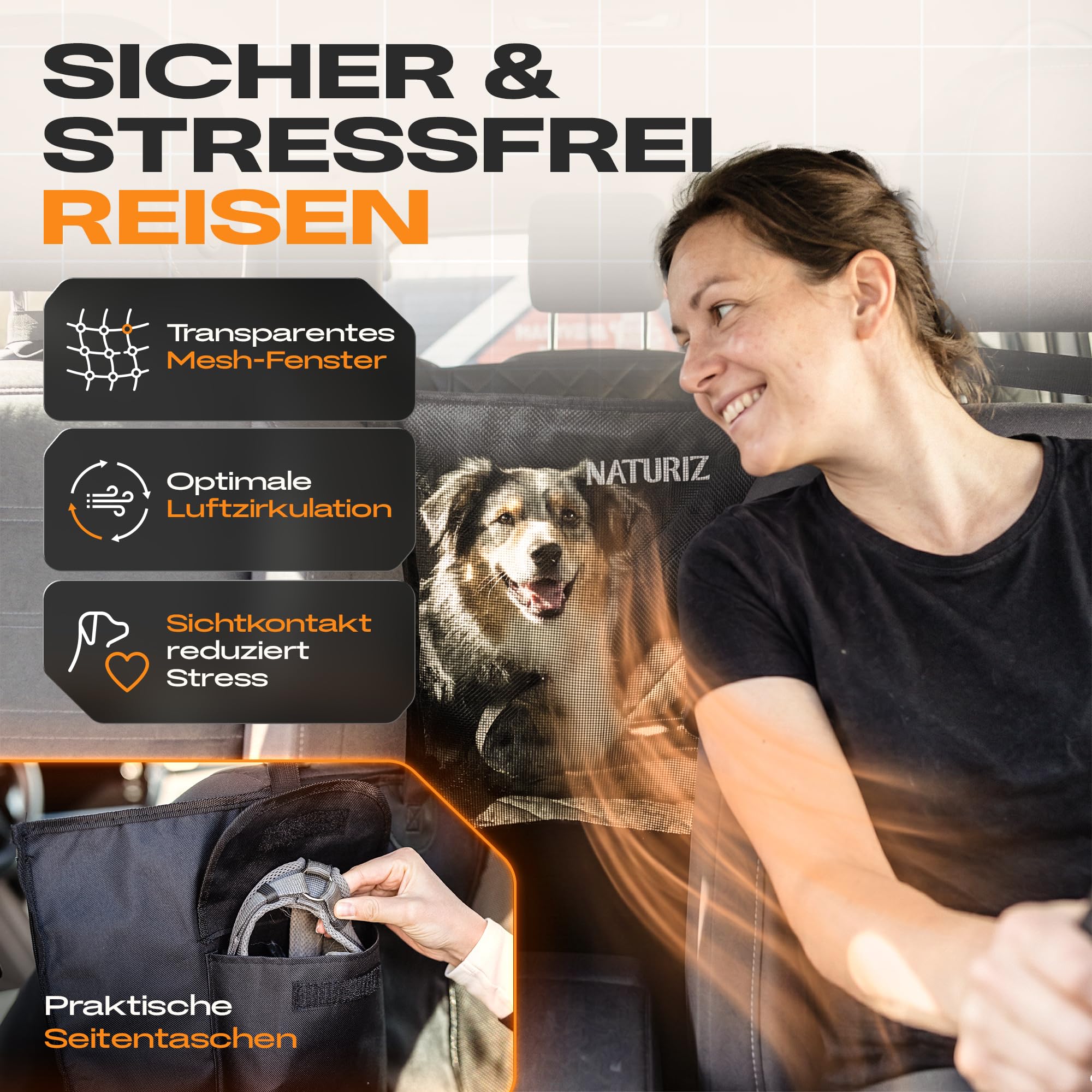 NATURIZ® Hundedecke Auto Rückbank mit Seitenschutz - Hundesitz inkl. Sicherheitsgurt - Hundematte Wasserfest - universal Rücksitzschoner mit Sichtfenster, Dog Car Seat cover, Autoschondecke (Rücksitz)