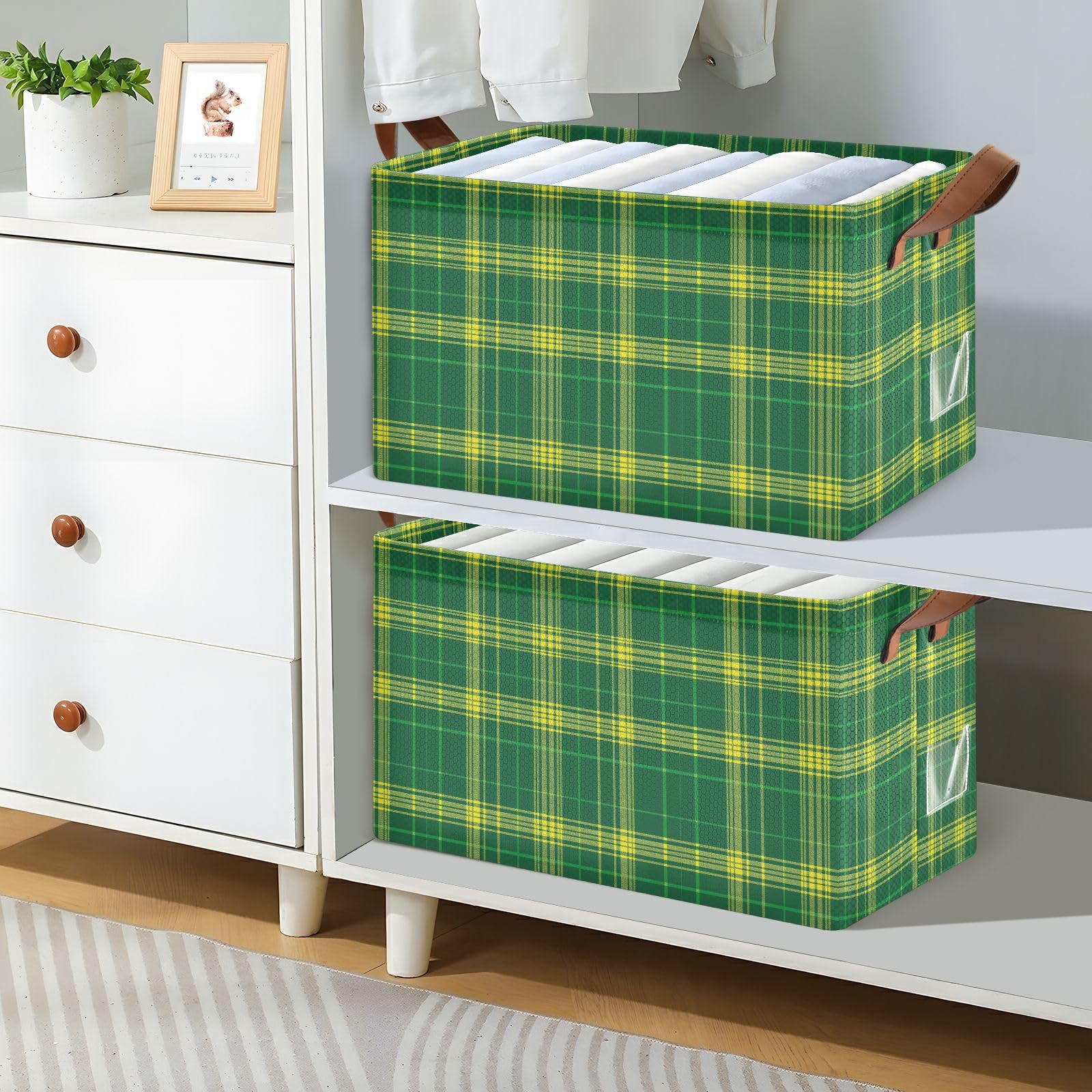 KLL Zielony żółty kosz w kratę do przechowywania z uchwytami organizer pojemniki do przechowywania do sypialni, salonu, łazienki, półek, 2 szt. cajas de almacenamiento para closet
