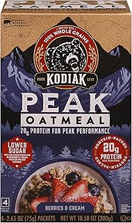 Kodiak Peak Instant Oatmeal Packets, Berries & Cream, High Protein, 100% Whole Grains, 1 box with 4 packets
