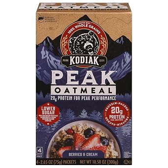 Kodiak Peak Instant Oatmeal Packets, Berries & Cream, High Protein, 100% Whole Grains, 1 box with 4 packets