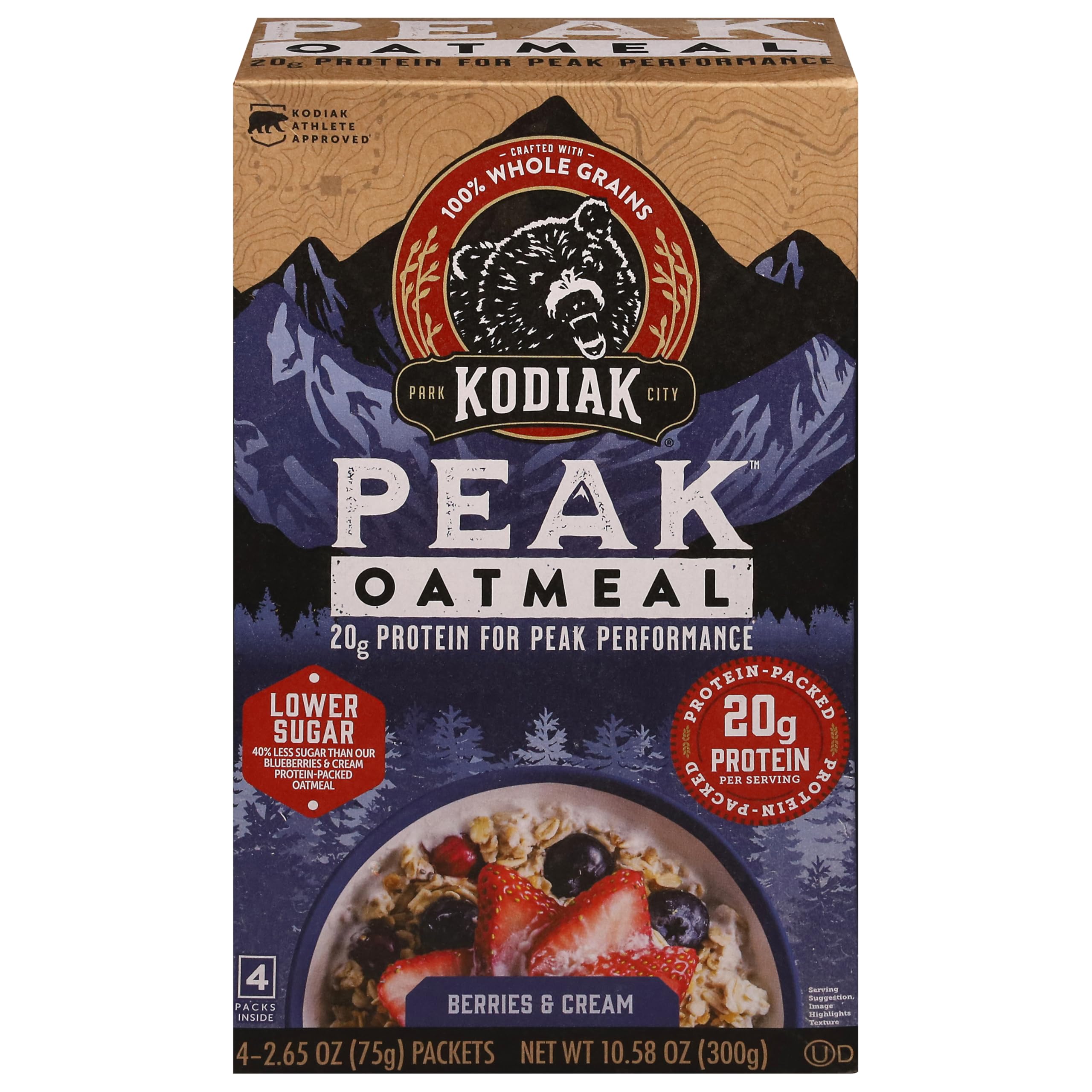 Kodiak Peak Instant Oatmeal Packets, Berries & Cream, High Protein, 100% Whole Grains, 1 box with 4 packets