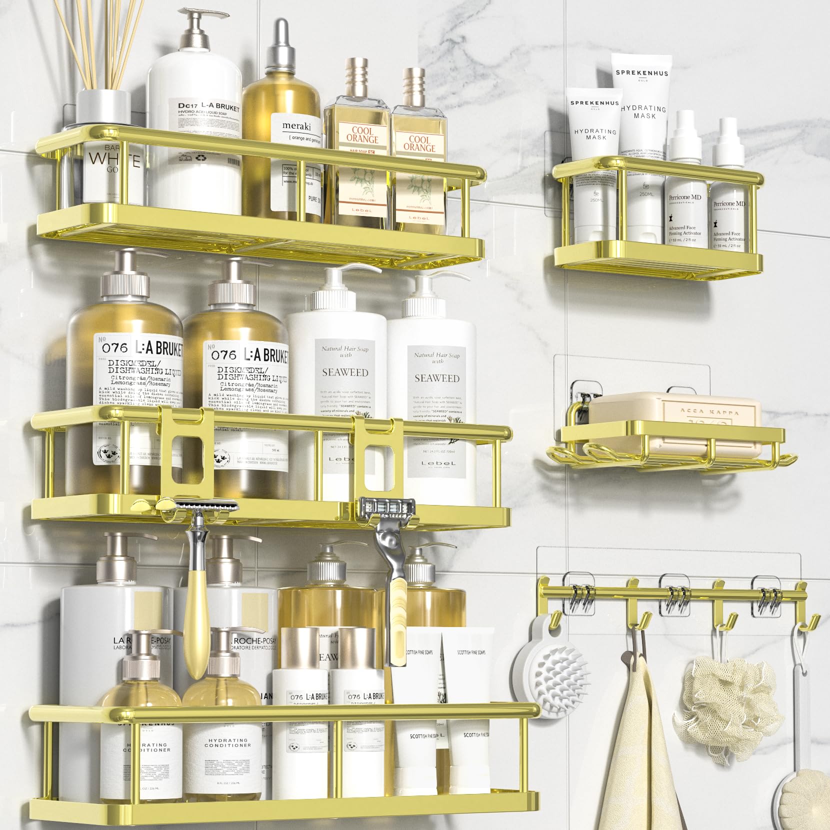 YASONIC Shower Caddy Adhesive, Rustproof Shower Organizer with Soap Holder, Large Capacity Shower Shelves for Inside Shower, No Drilling Bathroom Organizers and Storage for Home Decor（6 Pack Gold）