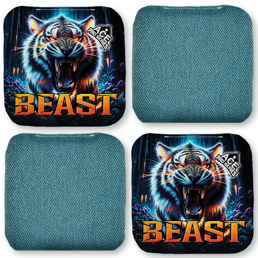 CornholeAce Pro Beast Cornhole Bags (Set mit 4 Stück) | Fischgrätenstoff, wasserdicht, mit Kunststoffharz gefüllt, doppelseitig, professionell, reguläre Größe, 15,2 x 15,2 cm, 473 ml, hergestellt in