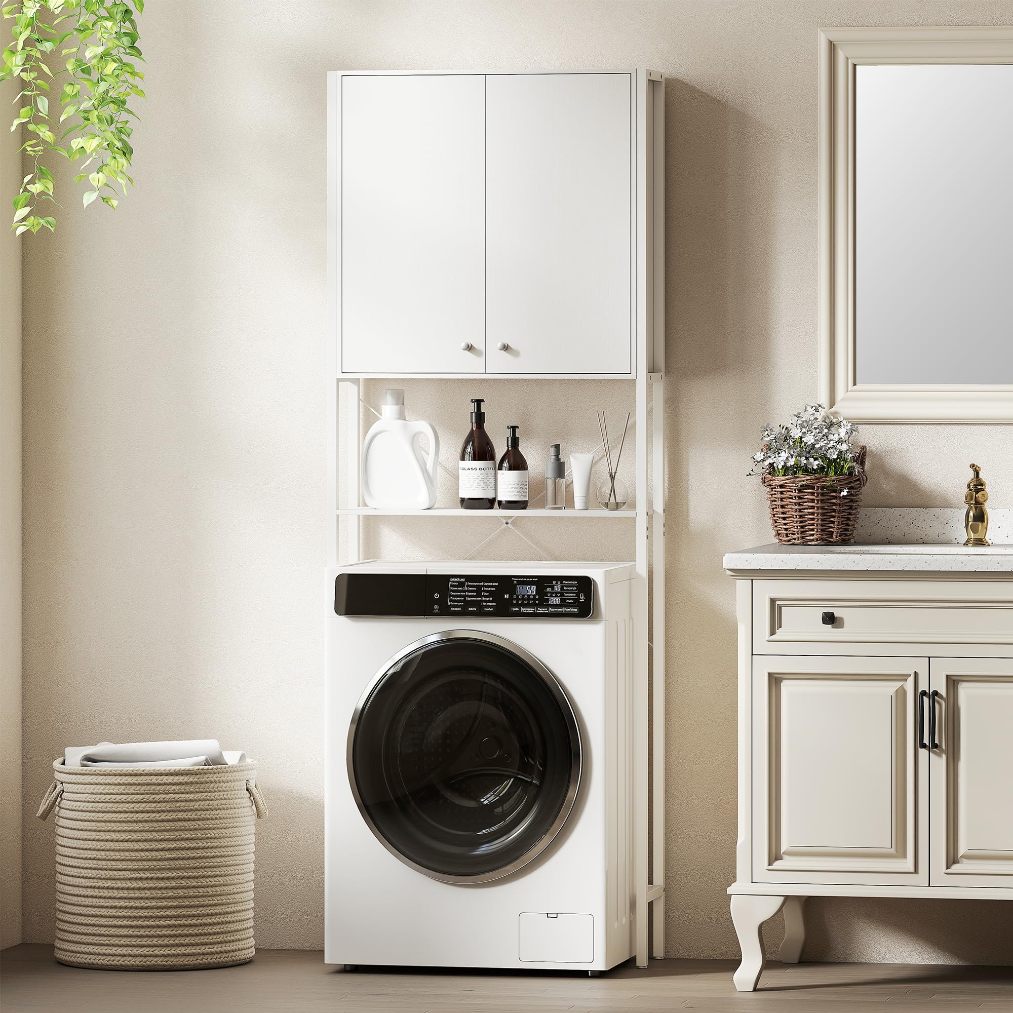 HOMCOM Mobile Bagno Sopra WC con Armadietto e Ripiano Aperto, Mobile Sopra Lavatrice Salvaspazio con Gambe in Metallo, per Bagno e Lavanderia, 64x20x180 cm, Bianco