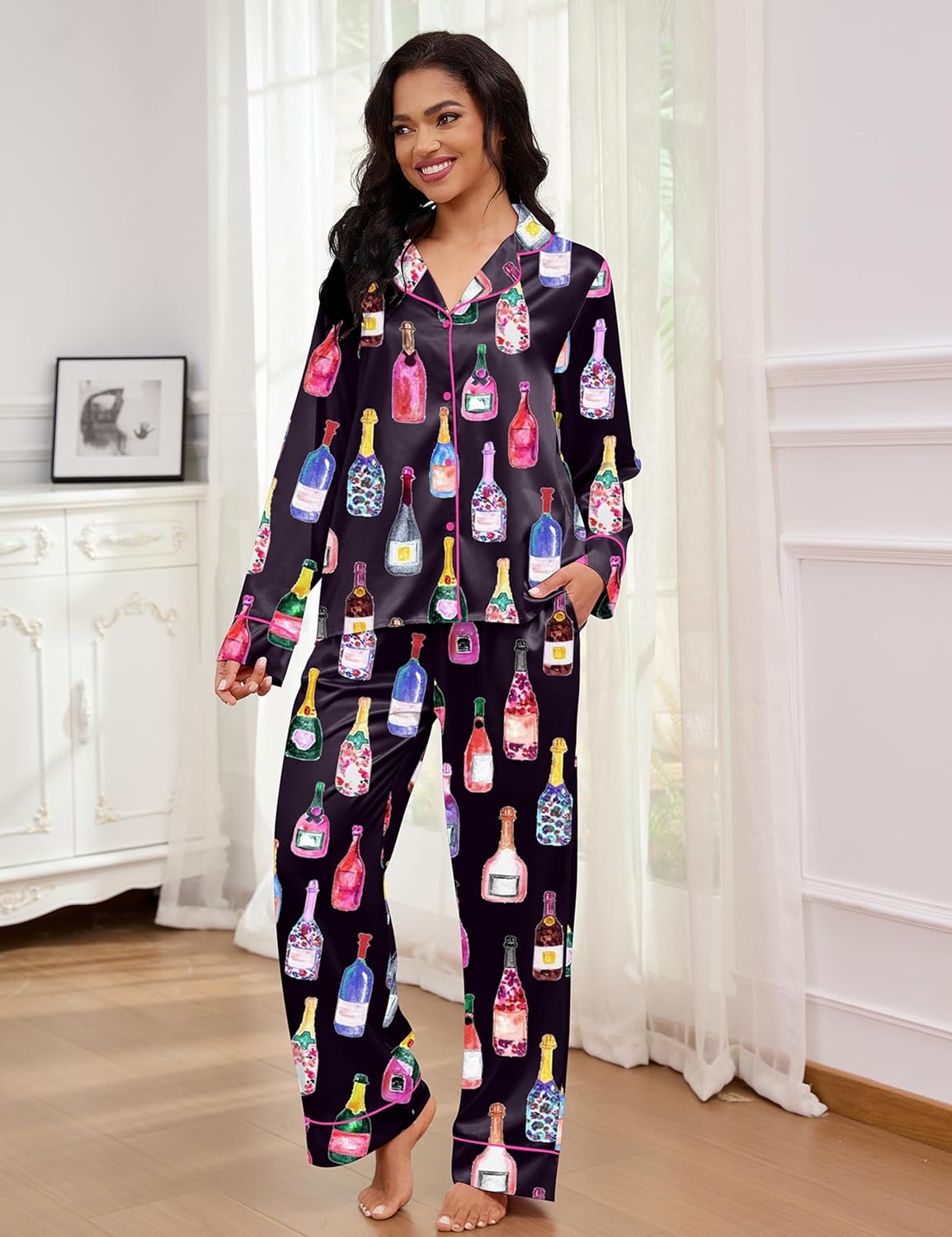 SHESHOW Satin Pajamas for Women Set Long Sleeve Button Down Sleepwear 2 Piece Nightwear Women Pjs Sets Size XS-XXL
