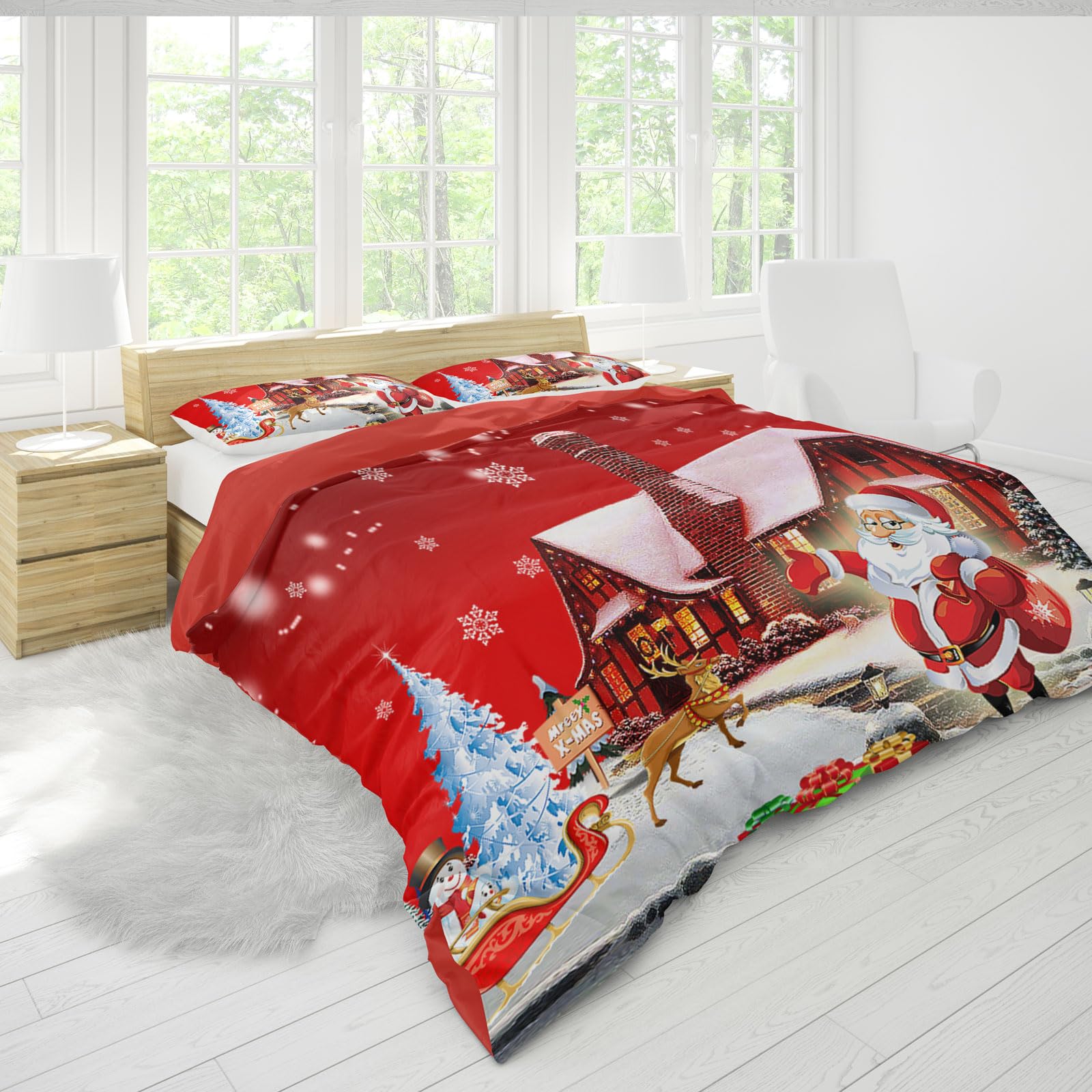 Copripiumino Natalizio Matrimoniale 200x200cm, set di biancheria da letto natalizia 3D con 2 federe, Babbo Natale, albero di Natale, cervo, regalo di Natala per bambini e adolescenti (D, 200x200cm)