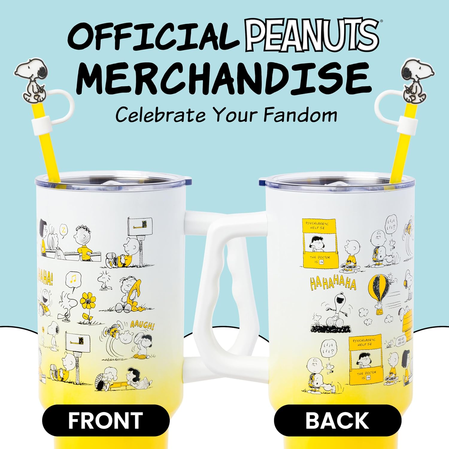 Silver Buffalo Peanuts Iconic Scenes Charlie Brown, Snoopy, Woodstock, Lucy, Sally, Linus Double Walled Stainless Steel Tumbler with Handle, Straw, & Straw Cap, Fits in Standard Cup Holder, 40 Ounces - Image 5