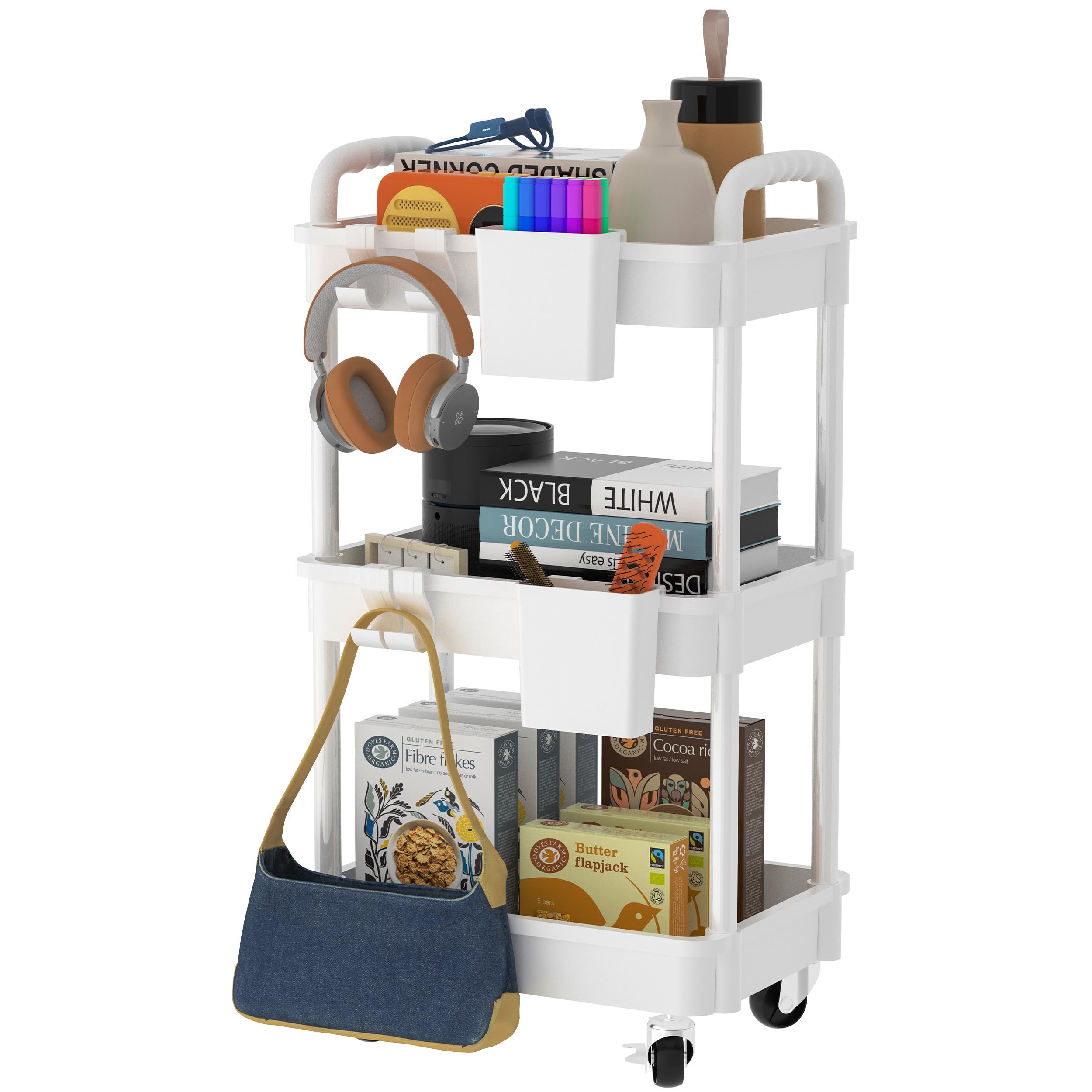 3-Tier Storage Cart with Lockable Caster Wheels, Multifunctional Utility Rolling Cart, Mobile Shelving Unit, Perfect for Kitchen, Bathroom, Office, Garage?White?