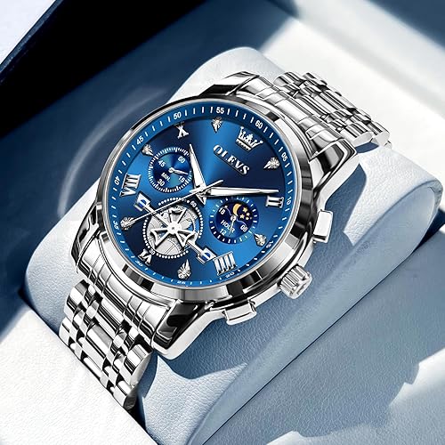 Miniatura 3 de OLEVS Reloj cronógrafo de acero inoxidable para hombre, cara grande, fácil de leer, números romanos con detalles de diamante, relojes de vestir