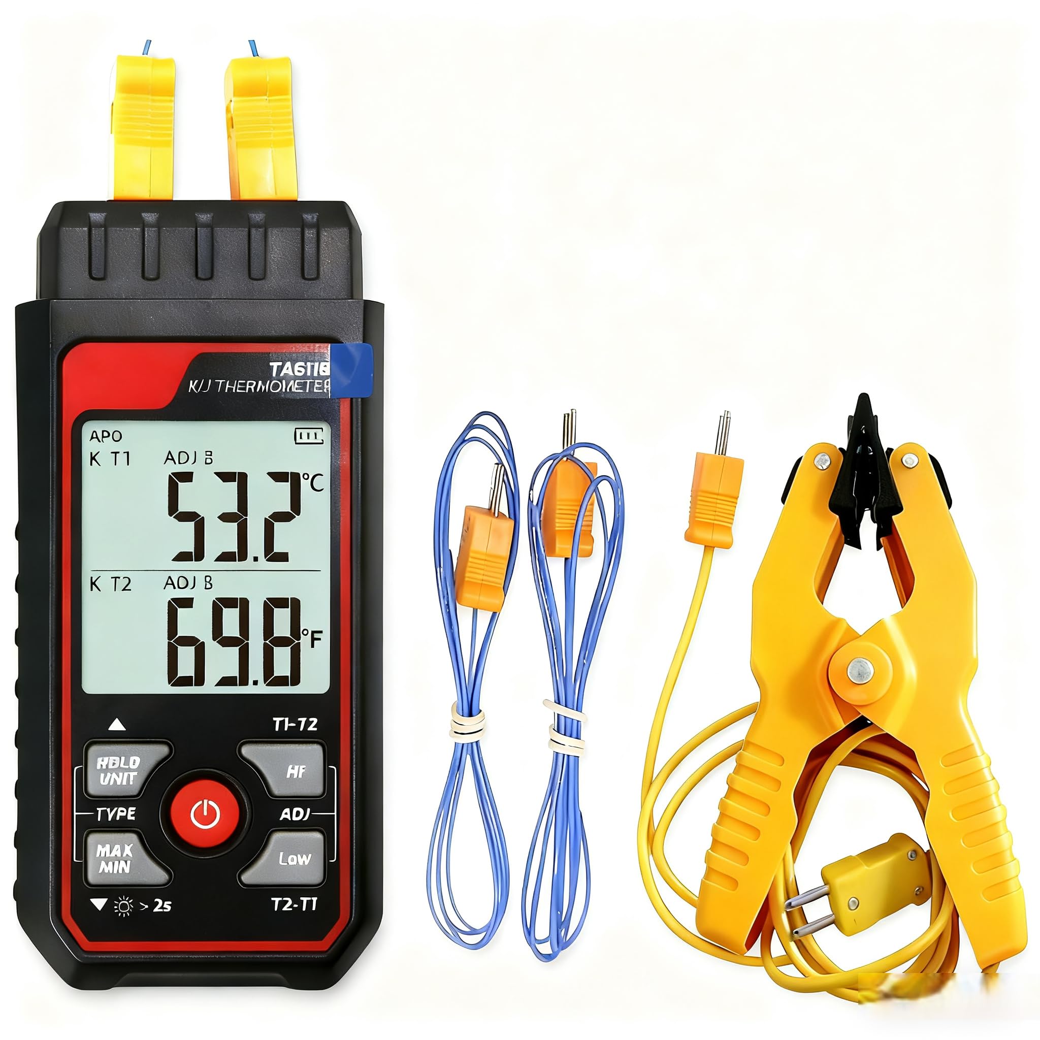 Termometro a termocoppia, termometro digitale a doppio canale (-200 °C ~ 3000 °F) con 1 morsetto per temperatura HVAC e 2 sonde termocoppie cablate, misuratore di temperatura HVAC con compensazione