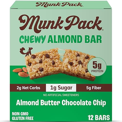 Munk Pack: Keto Granola Bar – Almond Butter Cocoa Chip – 0.04 oz de azúcar, 0.07 oz de carbohidratos netos – Paquete de 12 – Snacks Keto sin gluten