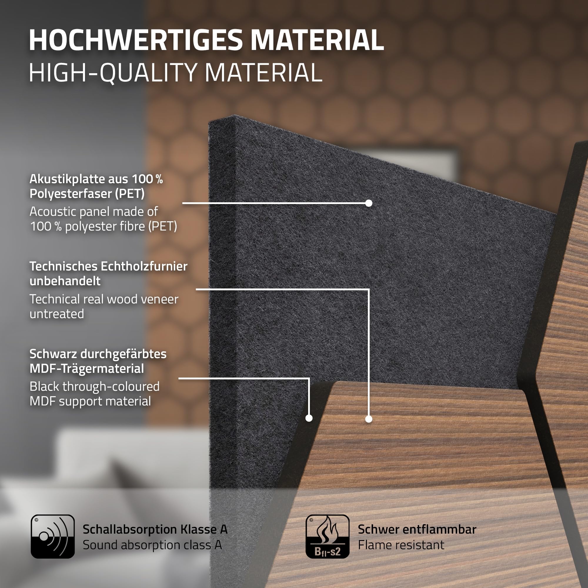 ML-Design Set di 2 Pannelli Acustici 66x81x2 cm per 1 m² Teak Pannelli Murali Fonoassorbenti in MDF con Effetto Legno Esagonale Rivestimento da Parete per Isolamento Acustico per Ufficio e Studio