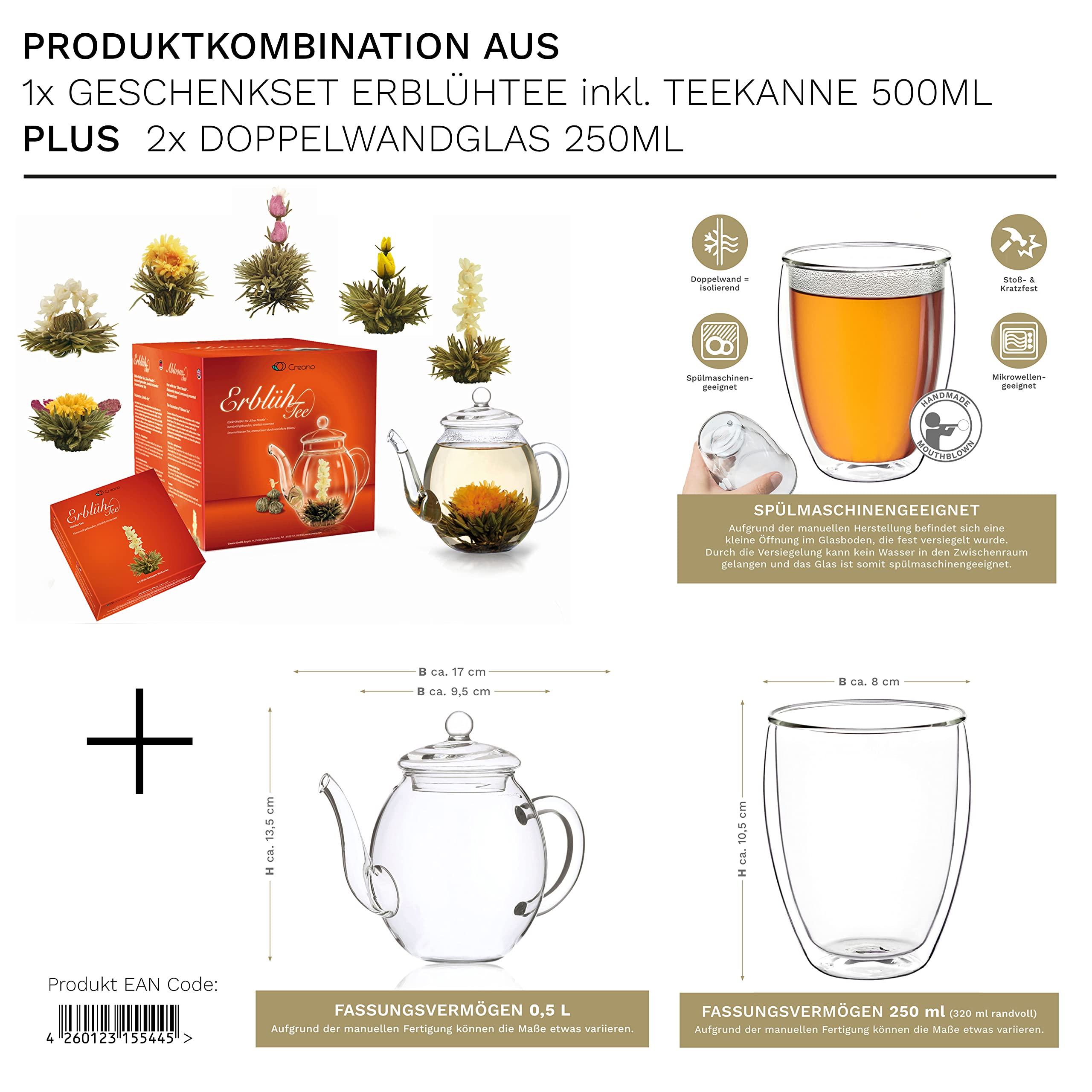 Creano Teeblumen Mix - Geschenkset Erblühtee mit Glaskanne & 2x 250ml Thermogläser - Weißer Tee (in 6 Sorten)