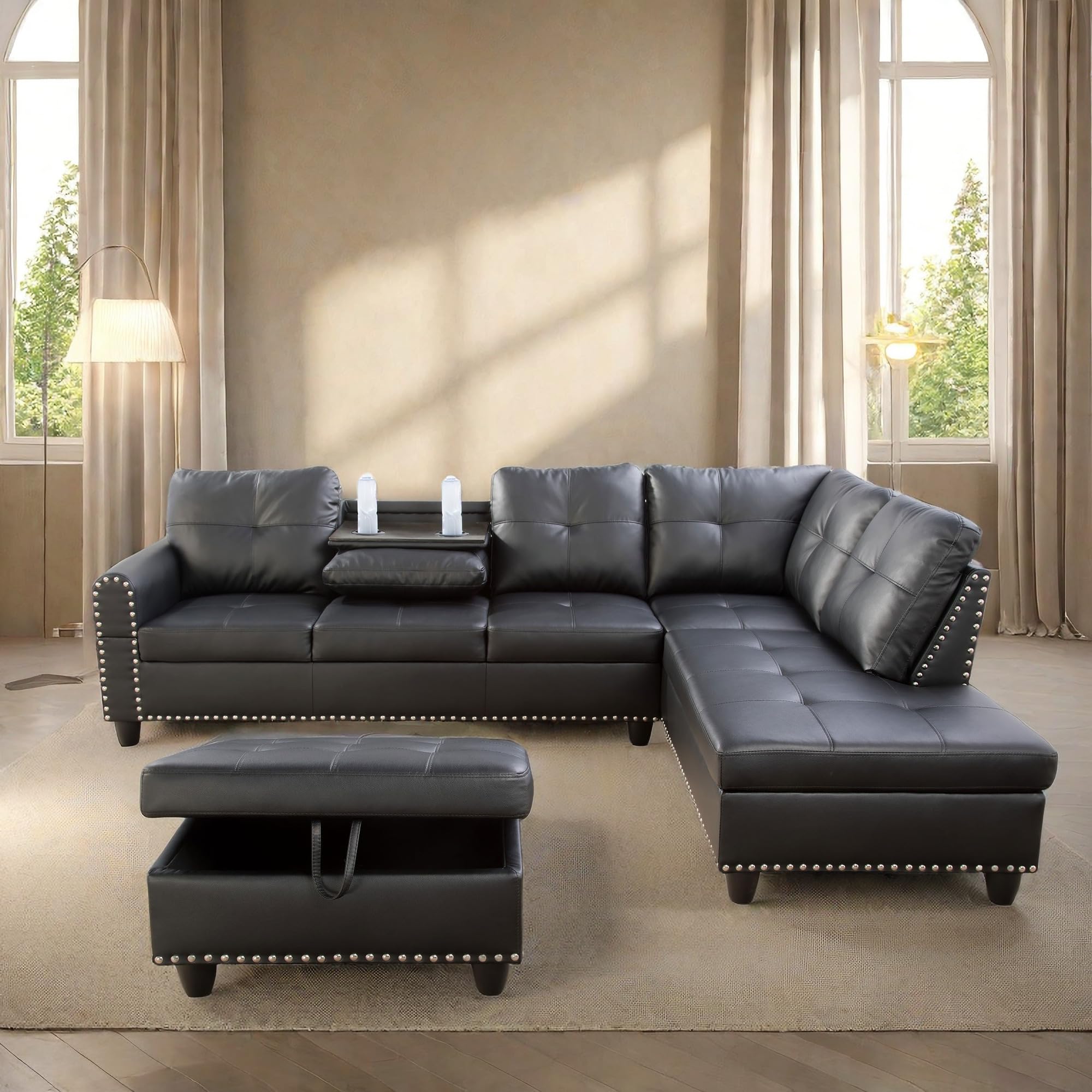 L Shaped Sofa with Ottoman Modern Sectional Living Room, Bedroom, Office, L Couch Black Leather