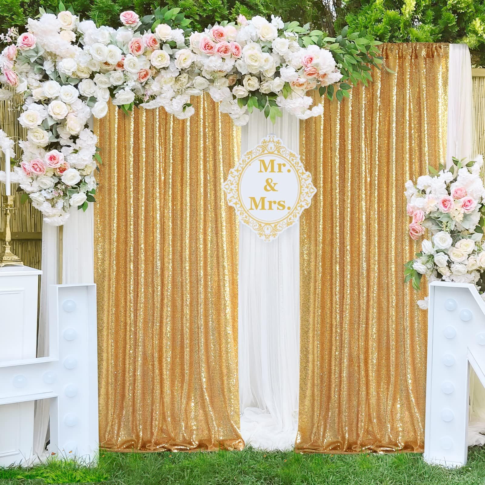 2 Pezzi Tenda Sfondo Fotografico 60 x 240 cm per Battesimo Matrimonio Doccia Compleanno Laurea Scuola Feste Decor (Oro)