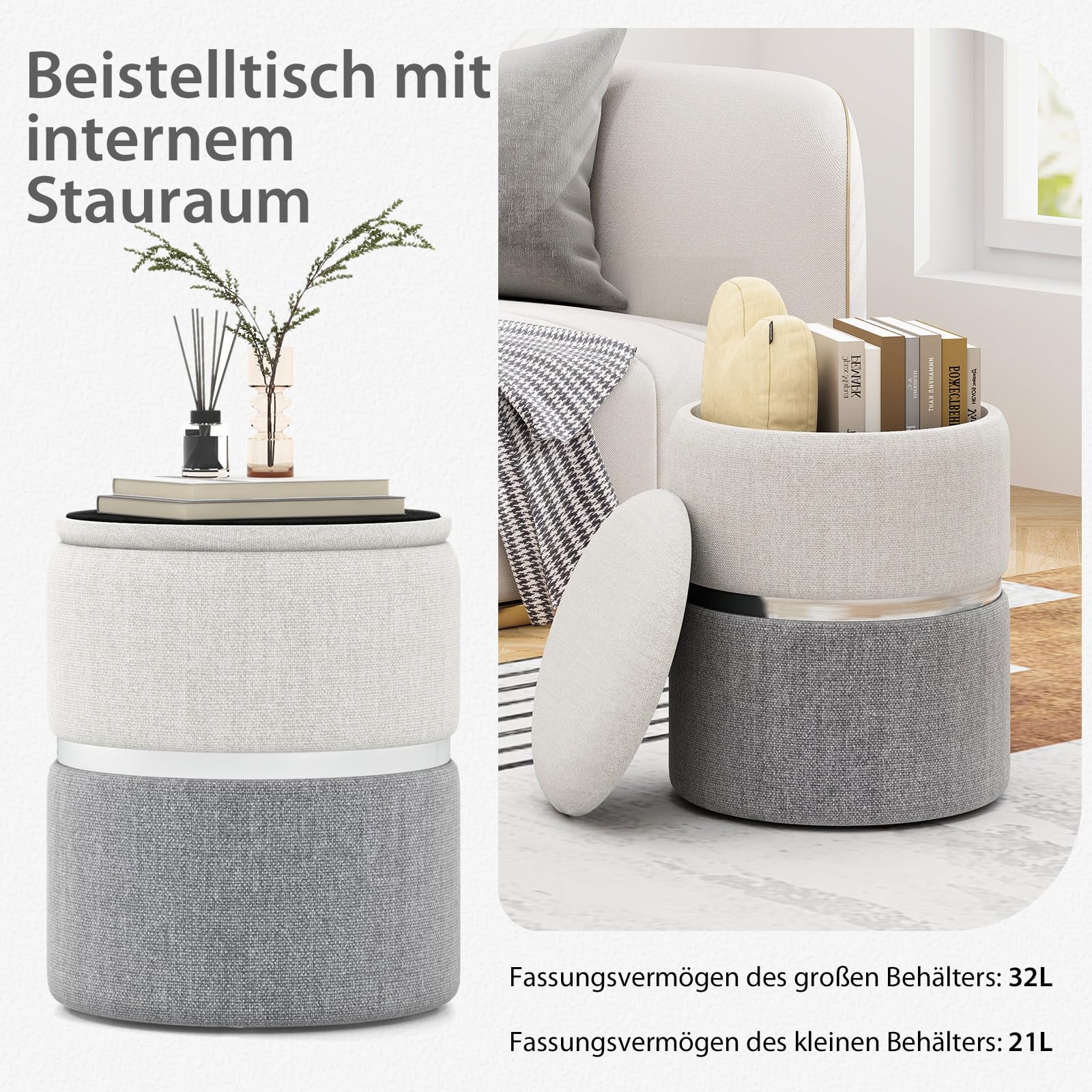RELAX4LIFE 2er Set Sitzhocker, Pouf Hocker mit 32L + 21L Stauraum, Ottomane aus Samt, Aufbewahrungshocker für Wohnzimmer Schlafzimmer (Grau)