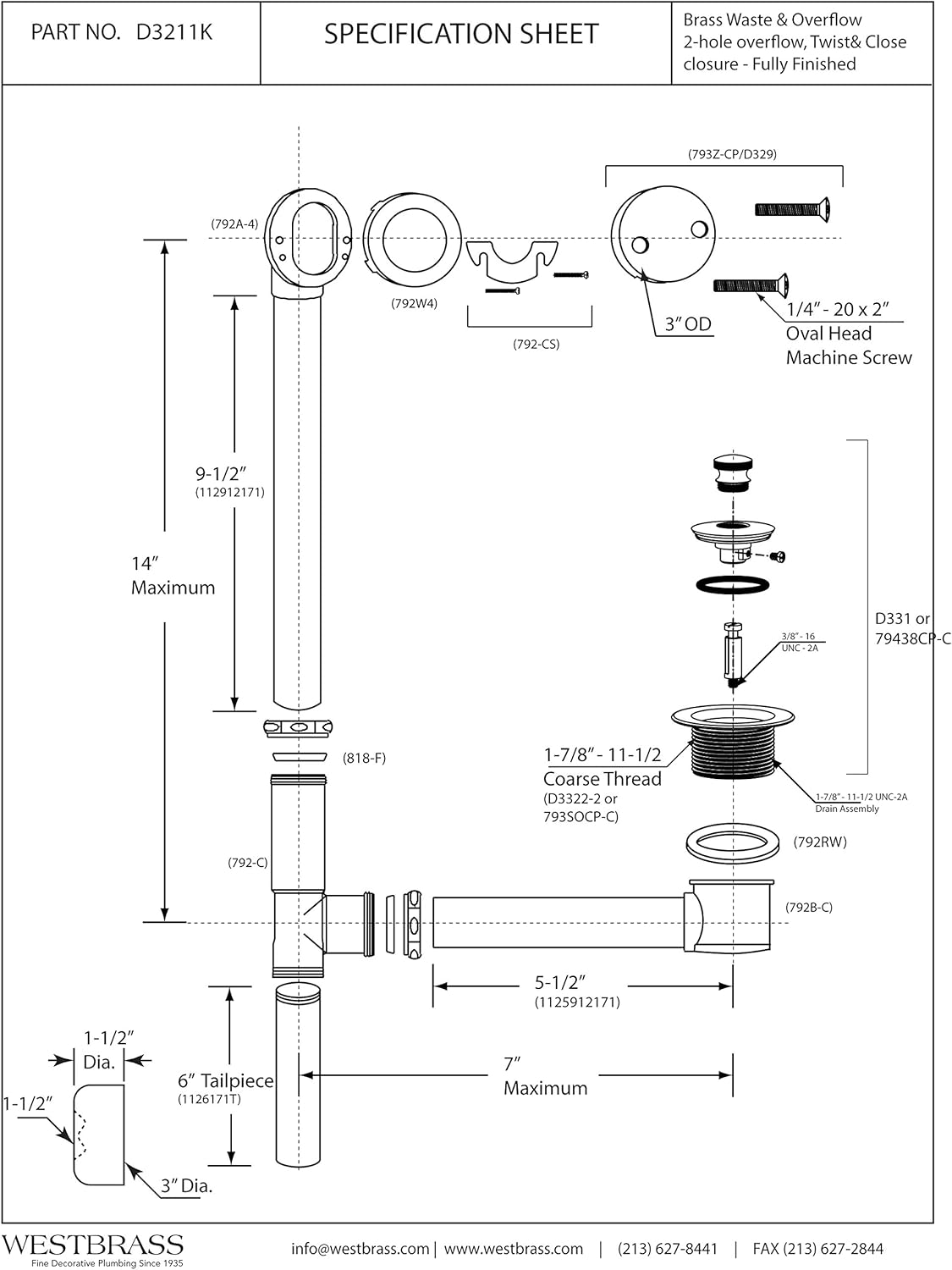 Westbrass 14" All Exposed 17 Gauge Brass Twist & Close Bath Drain with 2-Hole Faceplate, Oil Rubbed Bronze, D3211K-12