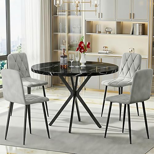 DKLGG Juego de mesa redonda de comedor para 4, mesa de comedor de mármol sintético de 39 pulgadas con sillas tapizadas de terciopelo, juego de mesa
