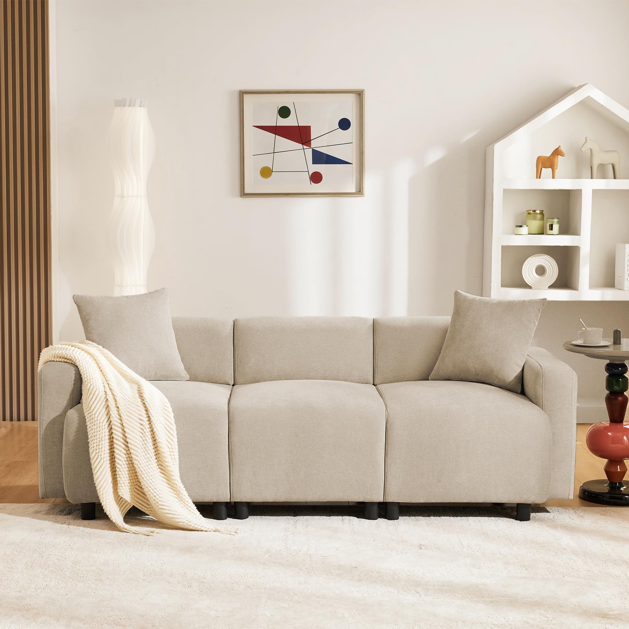 Azkoeesy Moderno divano da soggiorno a 3 posti, tessuto di ciniglia beige, imbottitura in spugna altamente elastica, 211 x 67 x 71 cm, con 2 cuscini decorativi