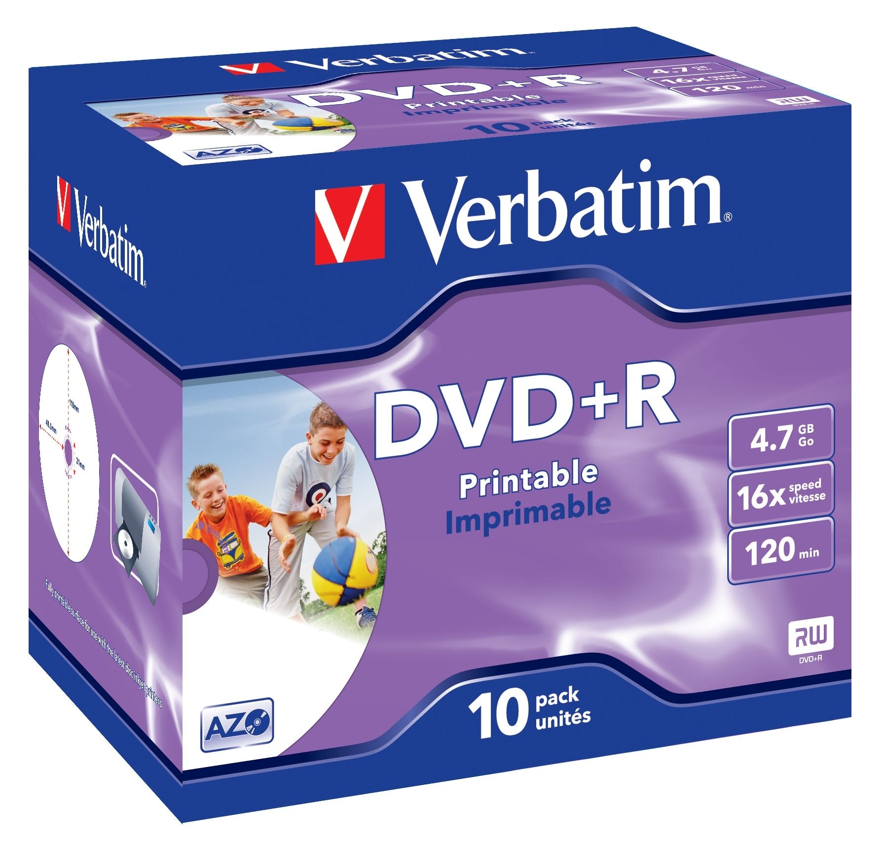 Verbatim® DVD + R Full Printable, Jewelcase, 4,7 Go, 16 x (10 pièces), vous recevrez 1 paquet de 10 pièces