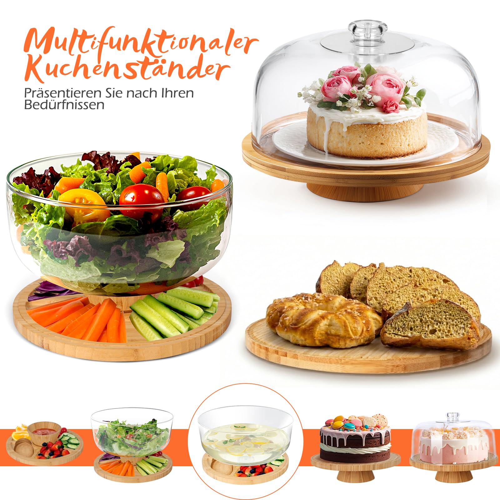 Masthome 6-in-1 Multifunktionaler Tortenständer aus Bambus mit Plastik-Abdeckhaube und Standfuß – Verwendbar als Unterteilte Servierplatte und Salatschale für Kuchen, Obst, Snacks und Nüsse